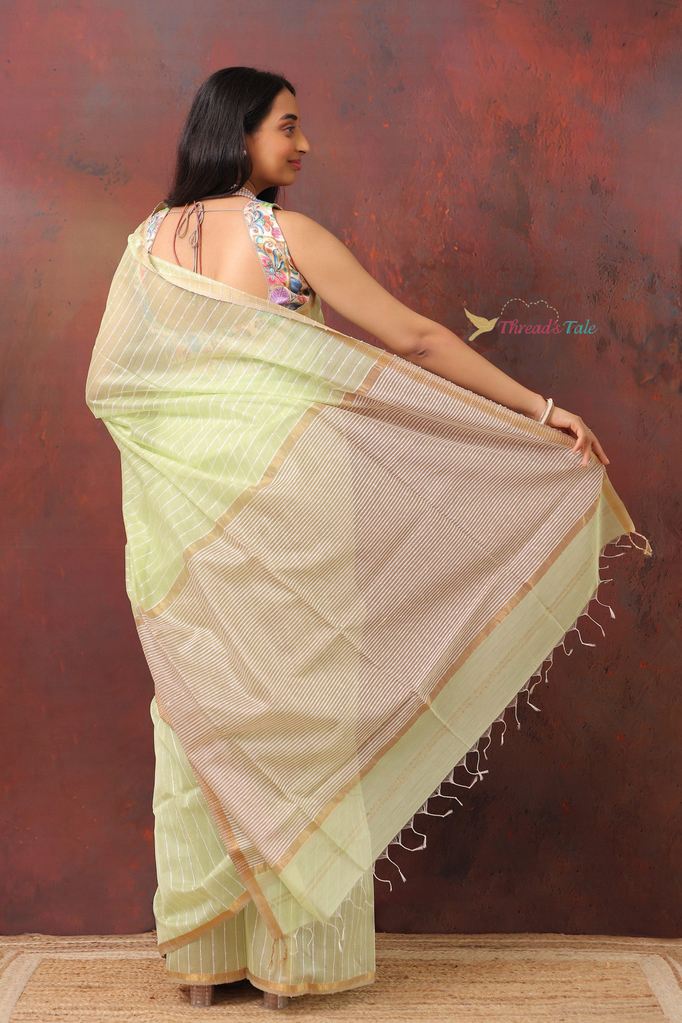 Pastel Green Handwoven Silk By Cotton Maheshwari  Saree With Khadi Stripes
