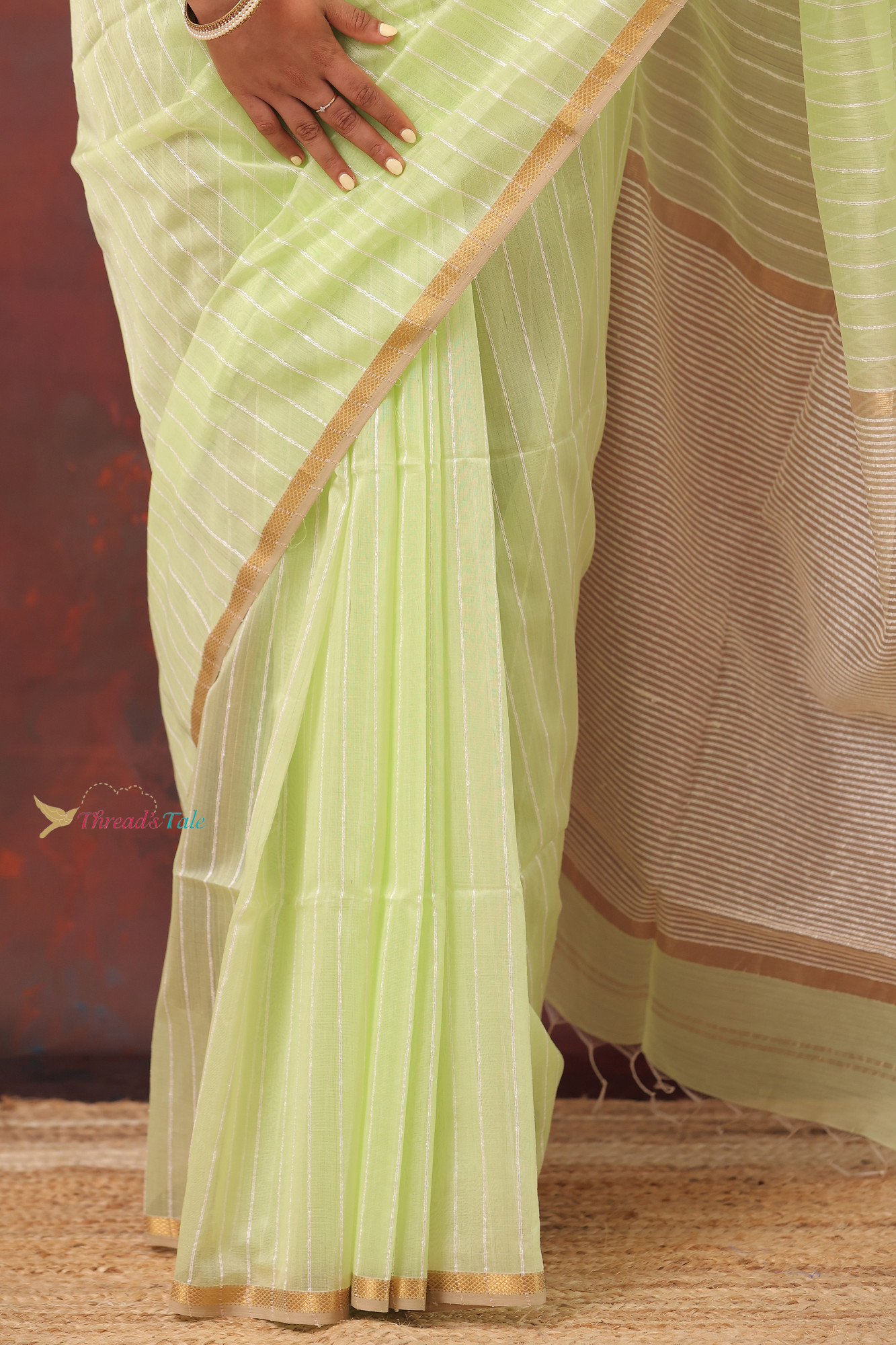 Pastel Green Handwoven Silk By Cotton Maheshwari  Saree With Khadi Stripes