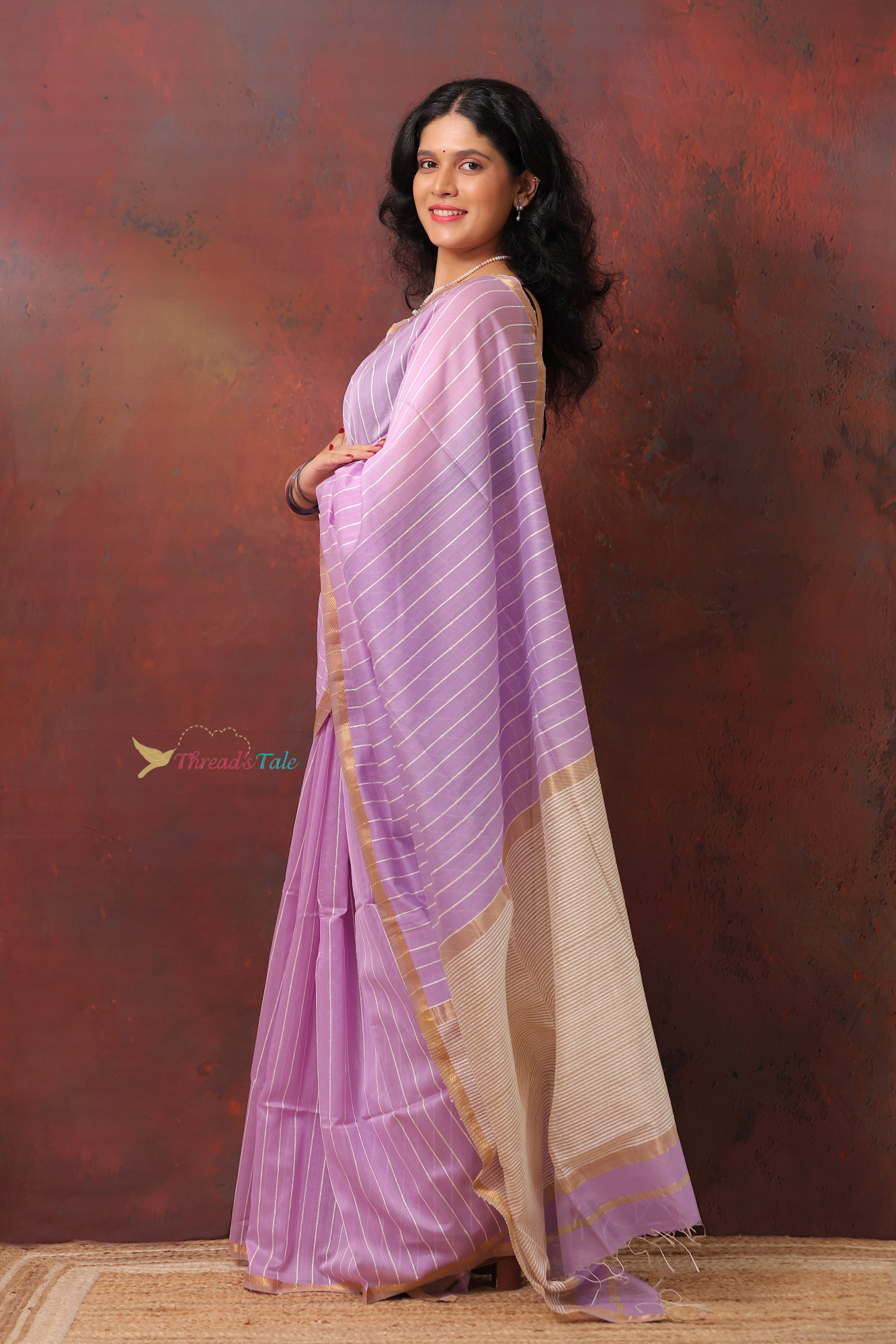 Lavender Handwoven Silk By Cotton Maheshwari Saree With Khadi Stripes