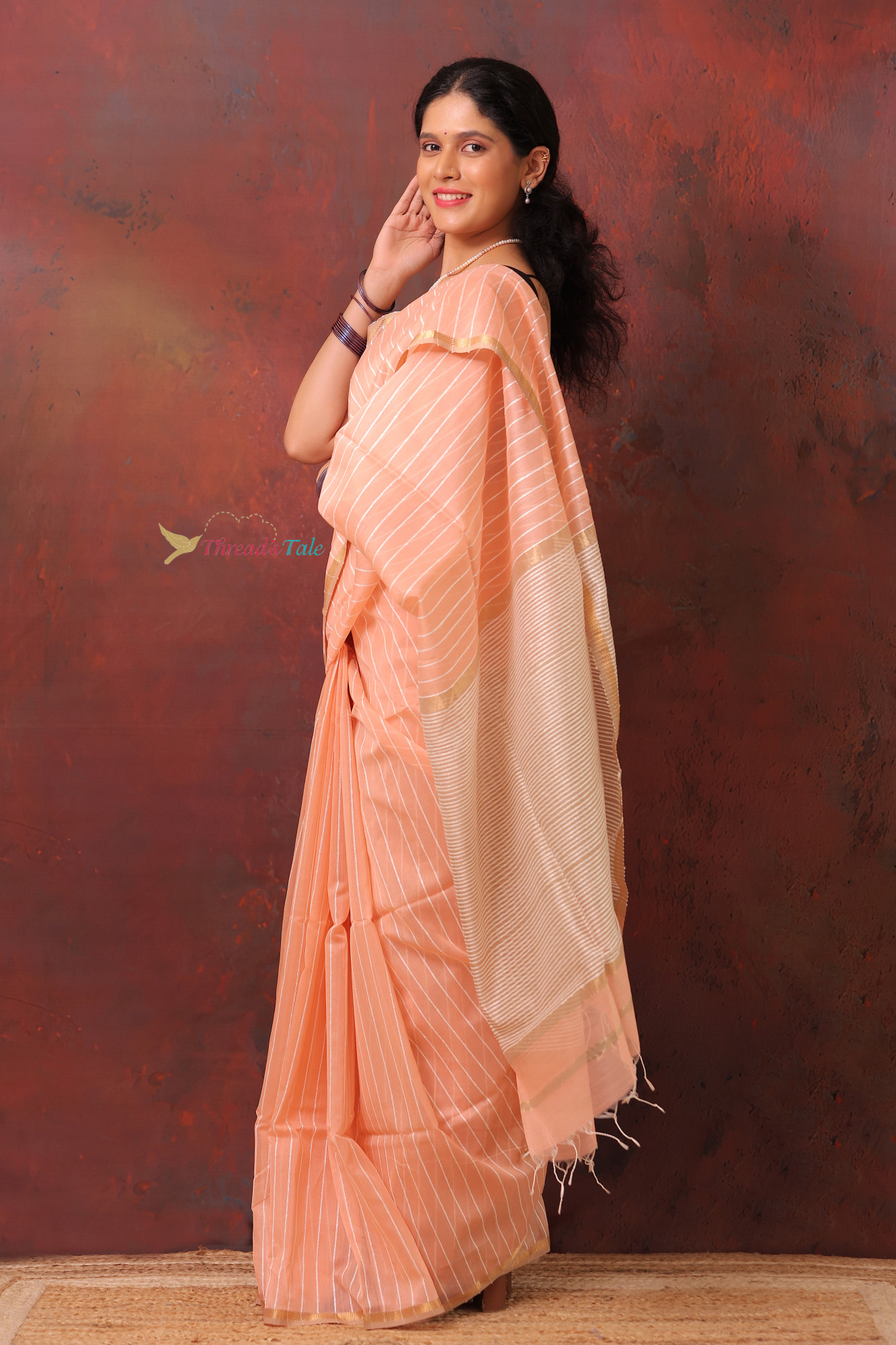 Fresh Peach Handwoven Silk By Cotton Maheswari Saree With Khadi Stripes