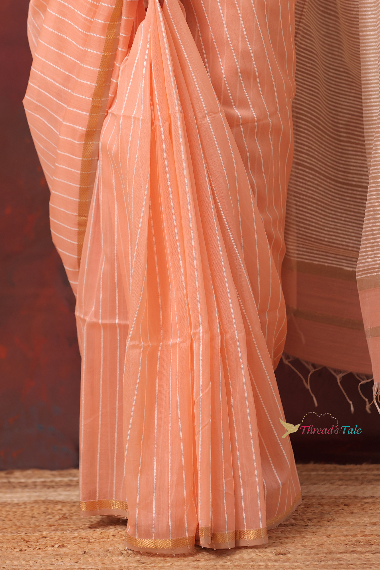 Fresh Peach Handwoven Silk By Cotton Maheswari Saree With Khadi Stripes