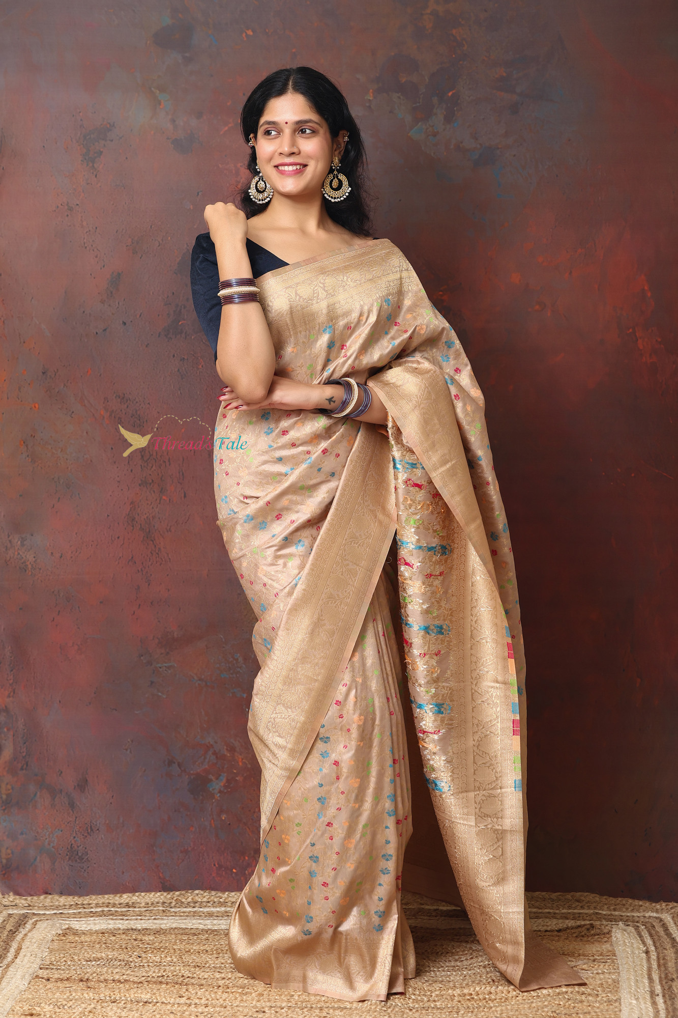Beige Saree With Zari Minakari Butis