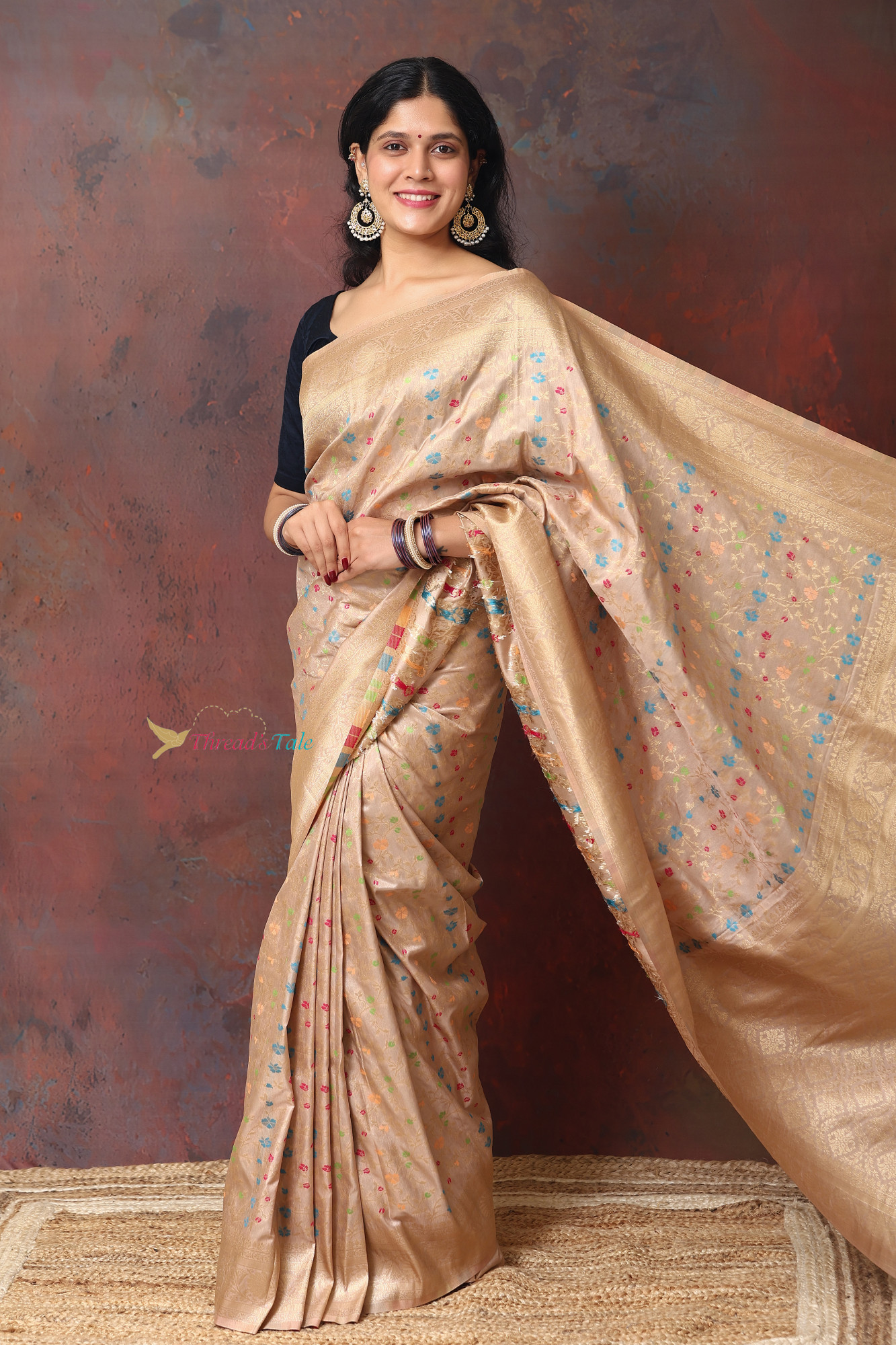 Beige Saree With Zari Minakari Butis
