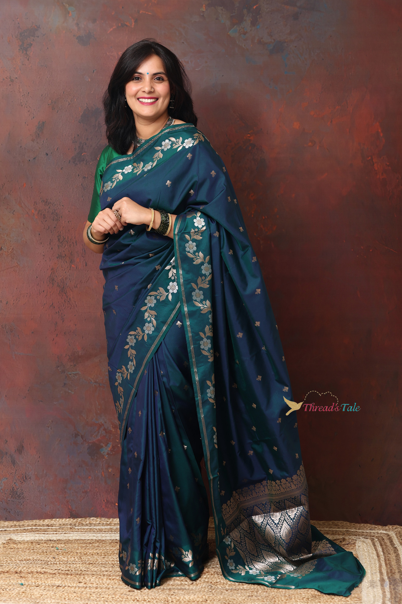 Rama Blue Saree With Muted Zari Motifs