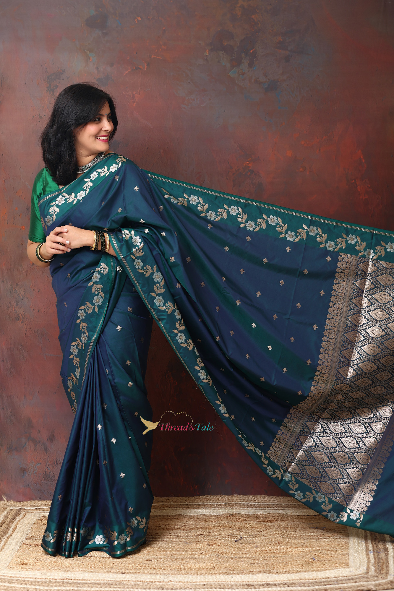Rama Blue Saree With Muted Zari Motifs