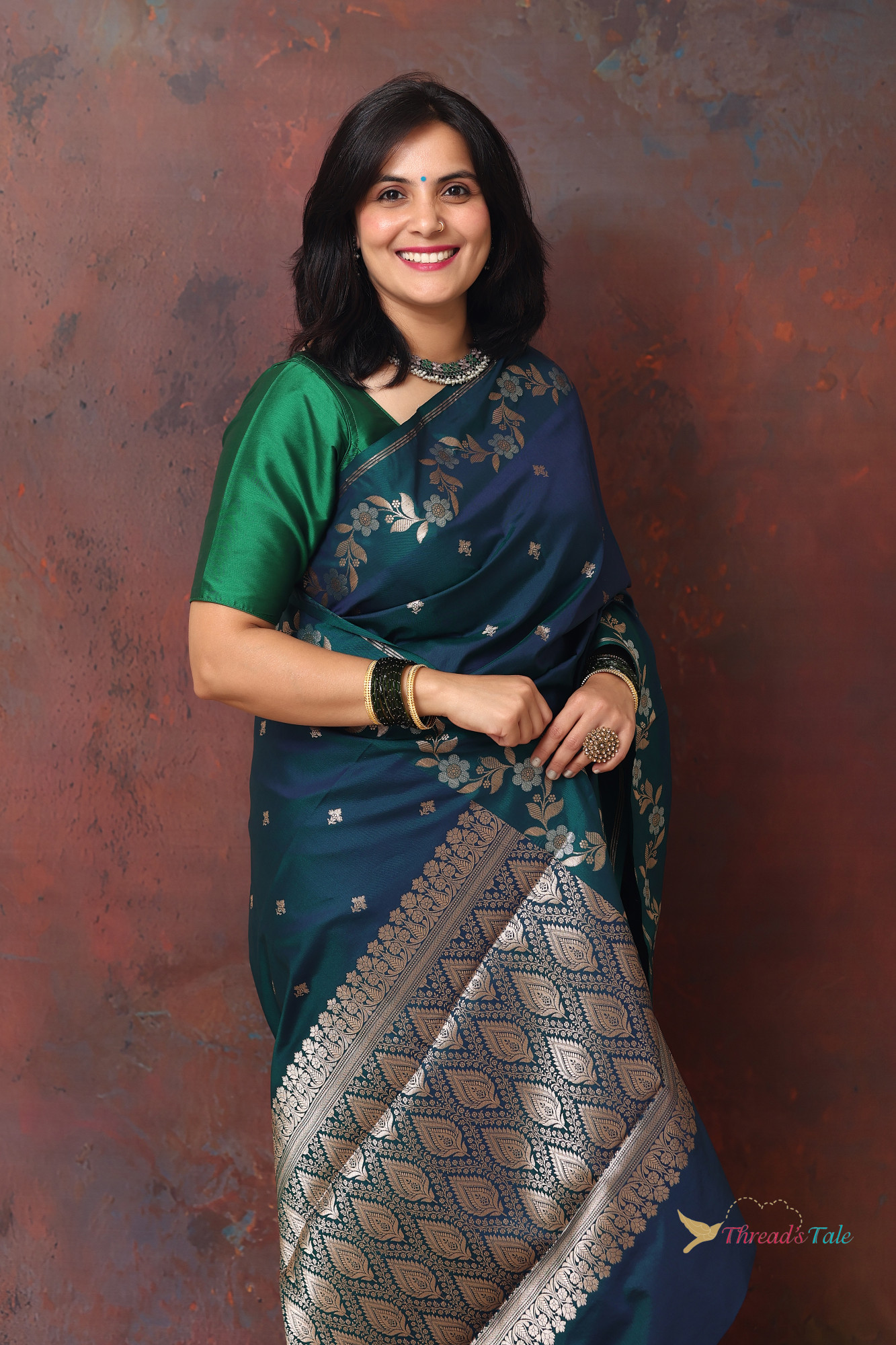 Rama Blue Saree With Muted Zari Motifs
