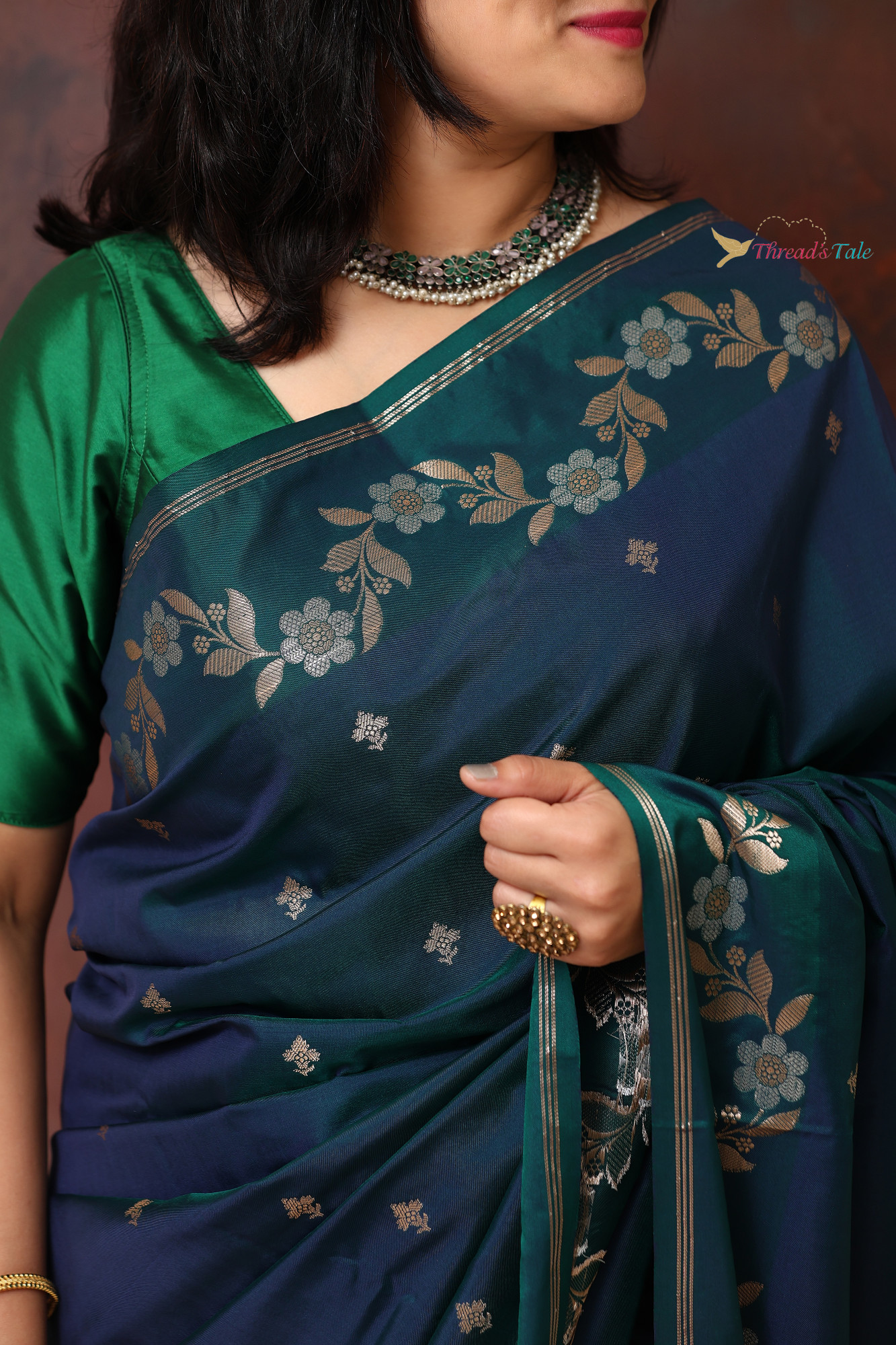 Rama Blue Saree With Muted Zari Motifs