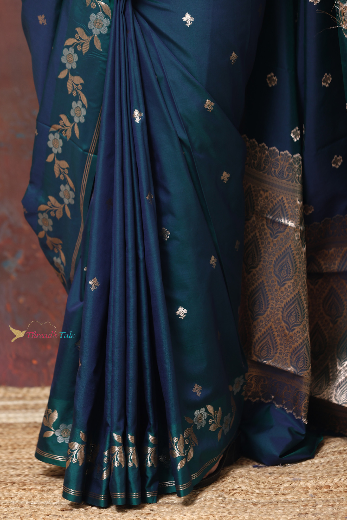 Rama Blue Saree With Muted Zari Motifs