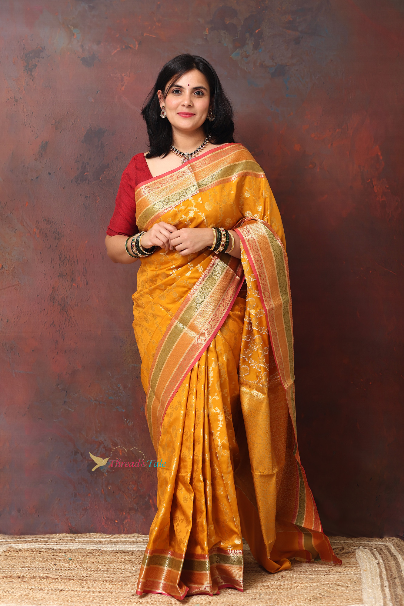 Mustard Yellow With Golden Zari Motifs With Three Colored Border