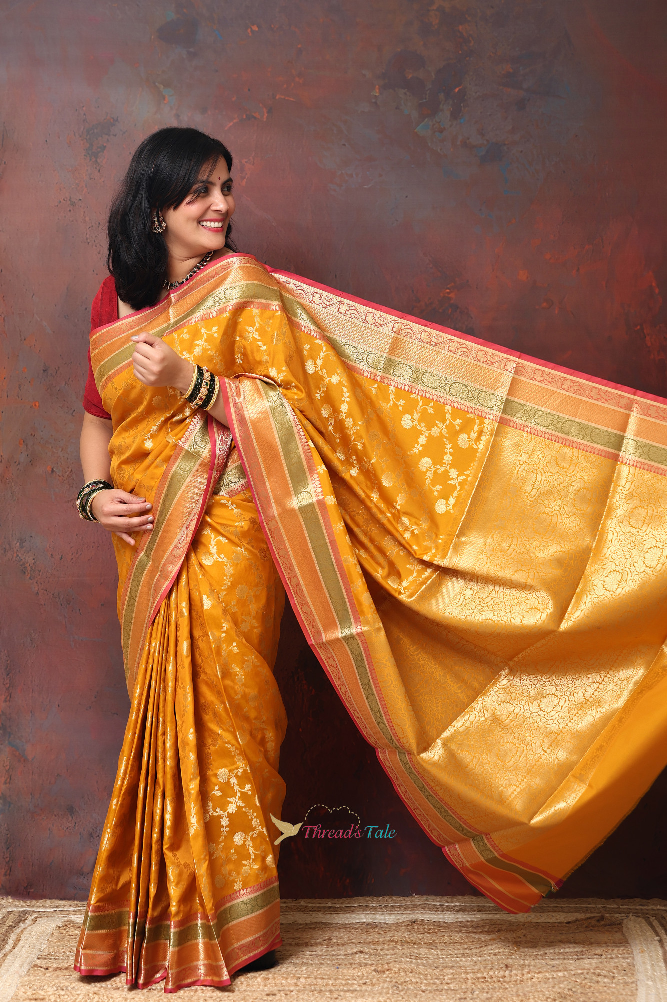 Mustard Yellow With Golden Zari Motifs With Three Colored Border