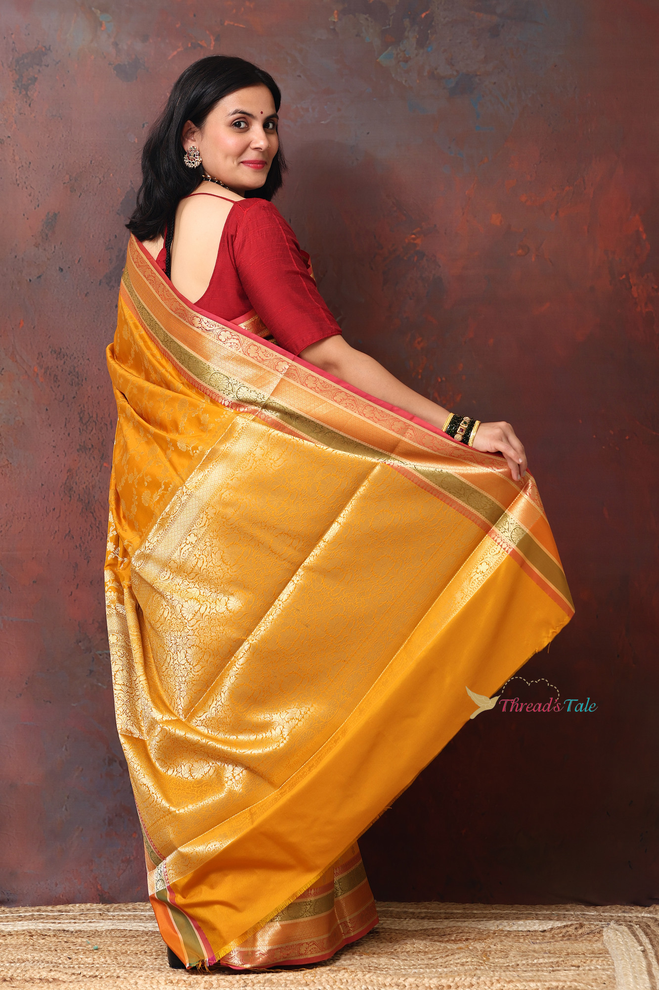 Mustard Yellow With Golden Zari Motifs With Three Colored Border