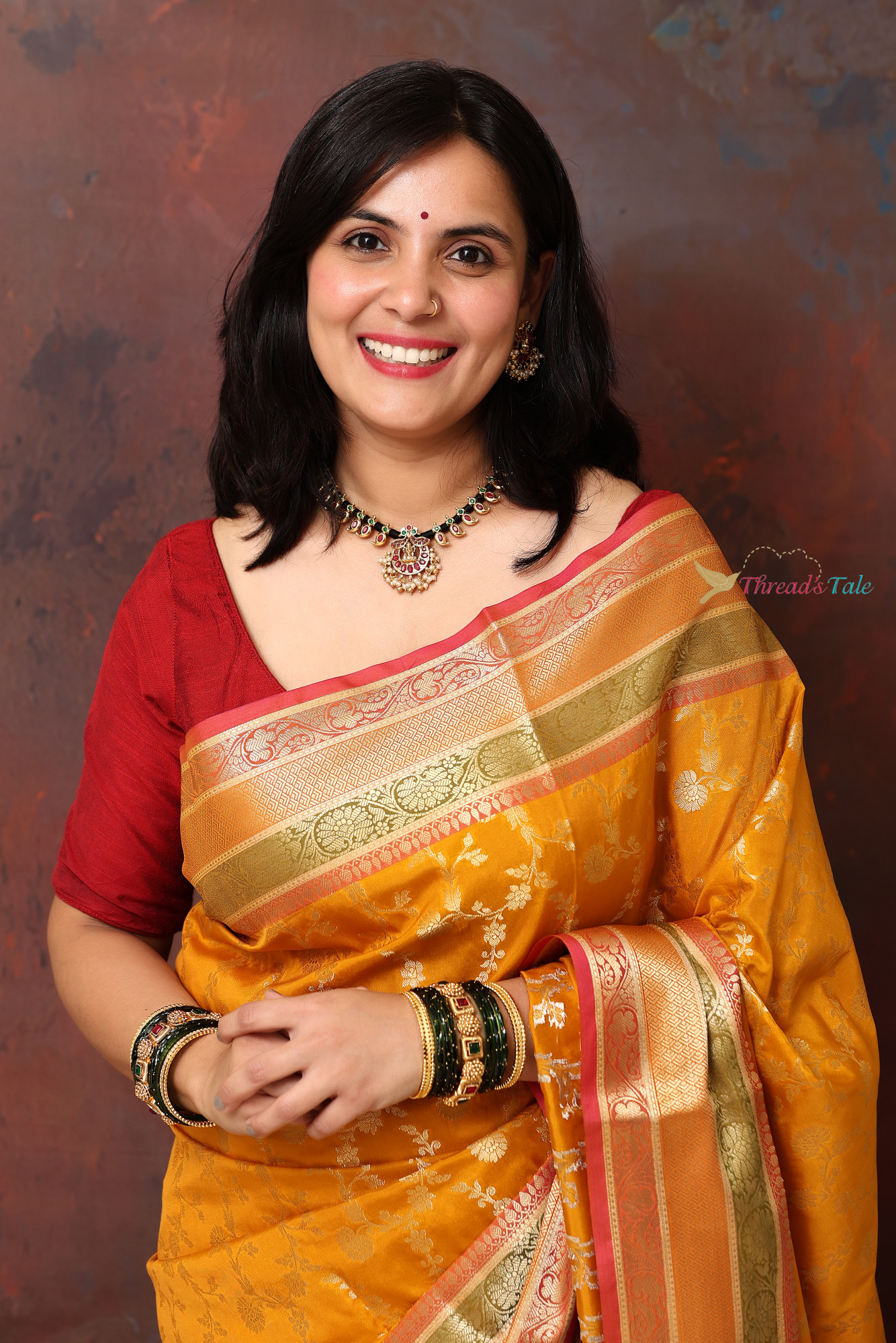 Mustard Yellow With Golden Zari Motifs With Three Colored Border