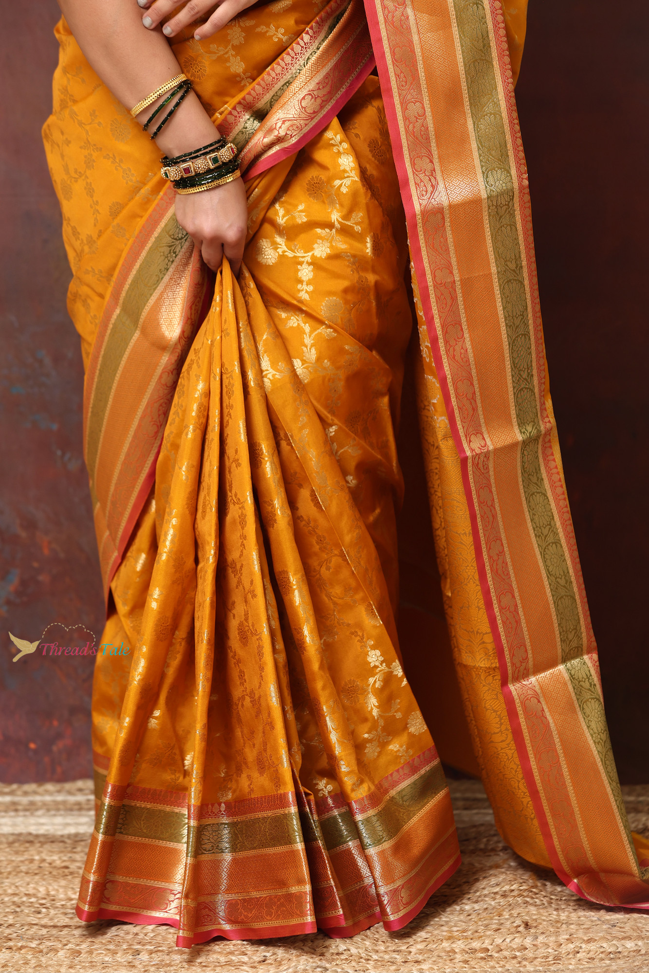 Mustard Yellow With Golden Zari Motifs With Three Colored Border