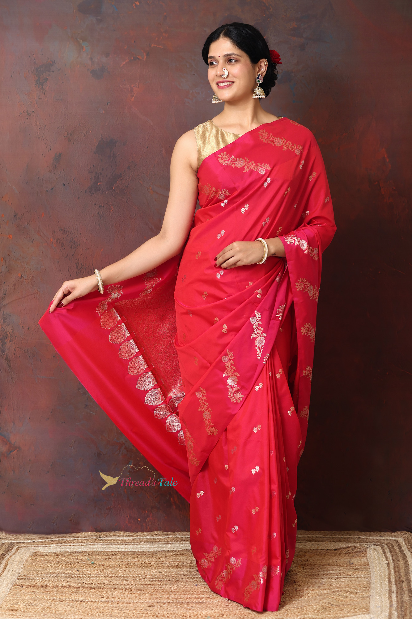 Fresh Red Saree With Zari Motifs