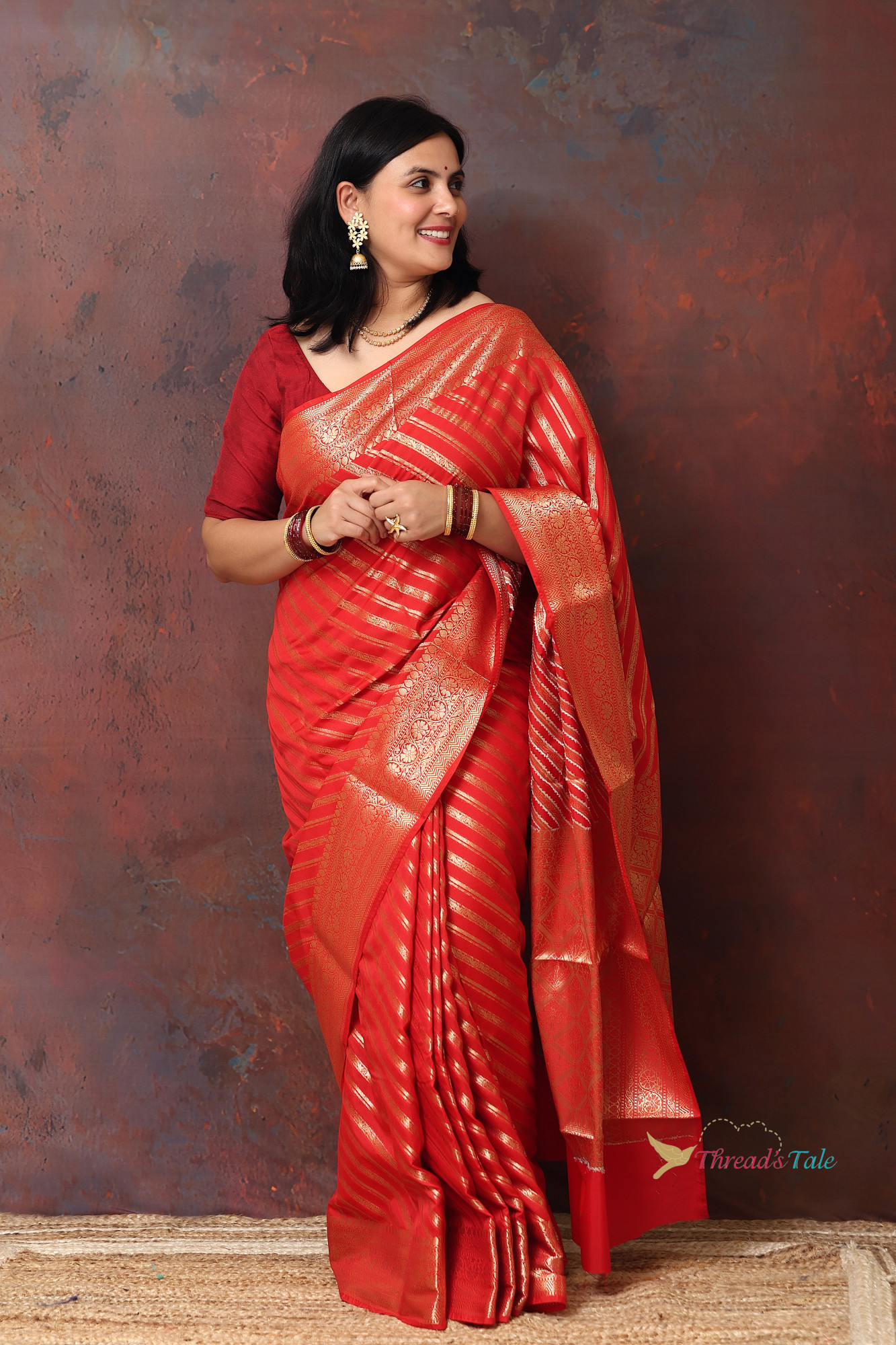 Festive Red Saree With Golden Stripes