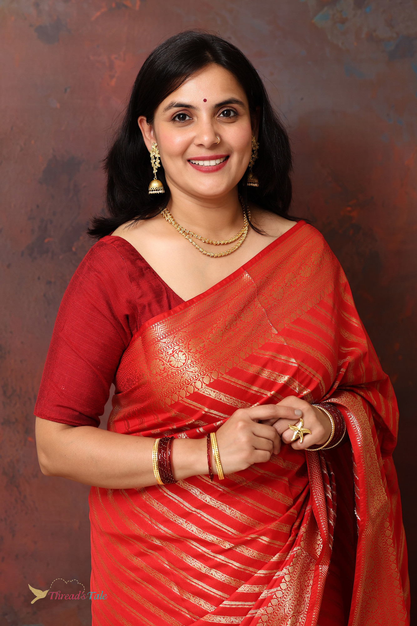 Festive Red Saree With Golden Stripes