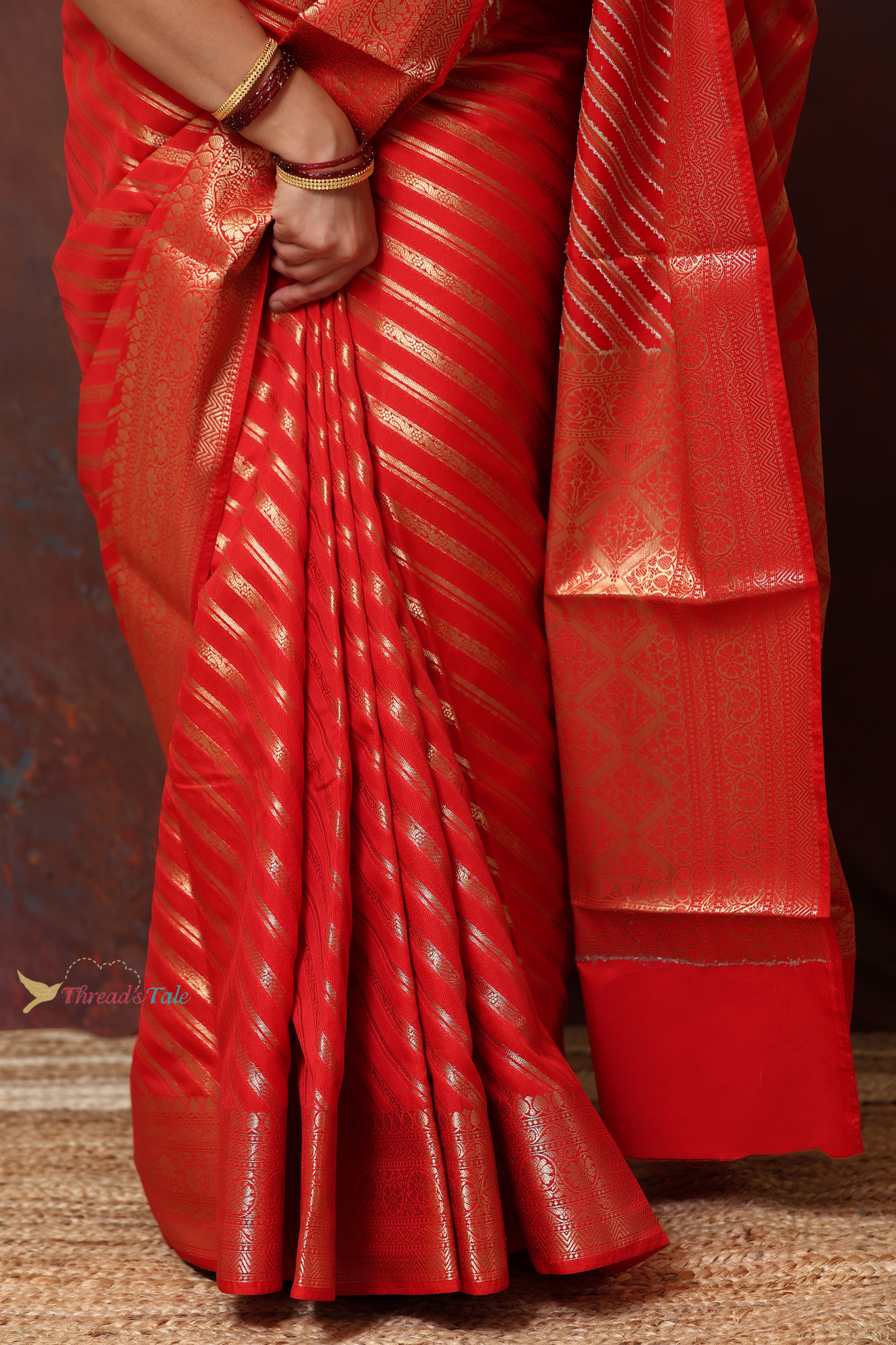 Festive Red Saree With Golden Stripes