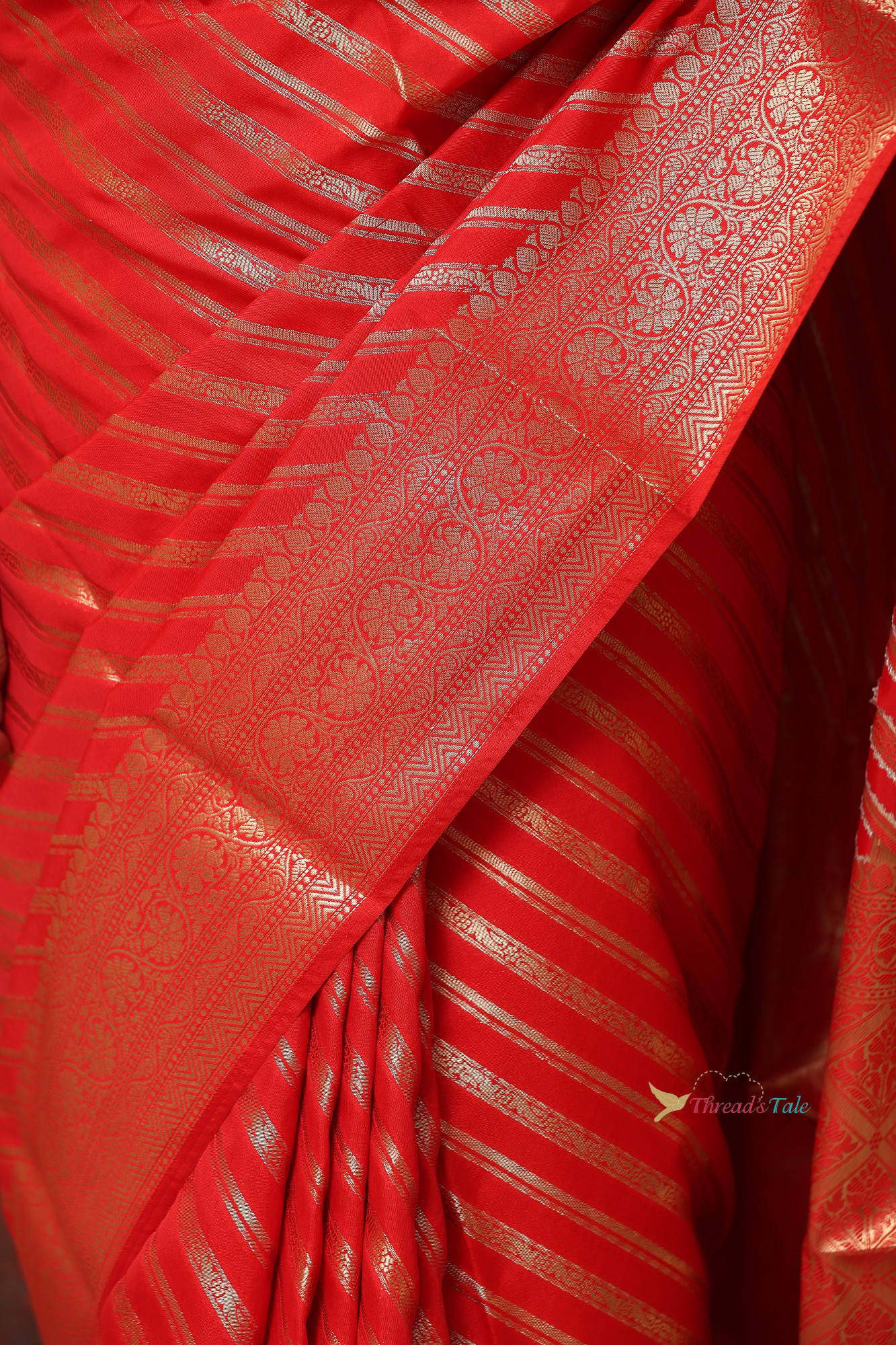Festive Red Saree With Golden Stripes