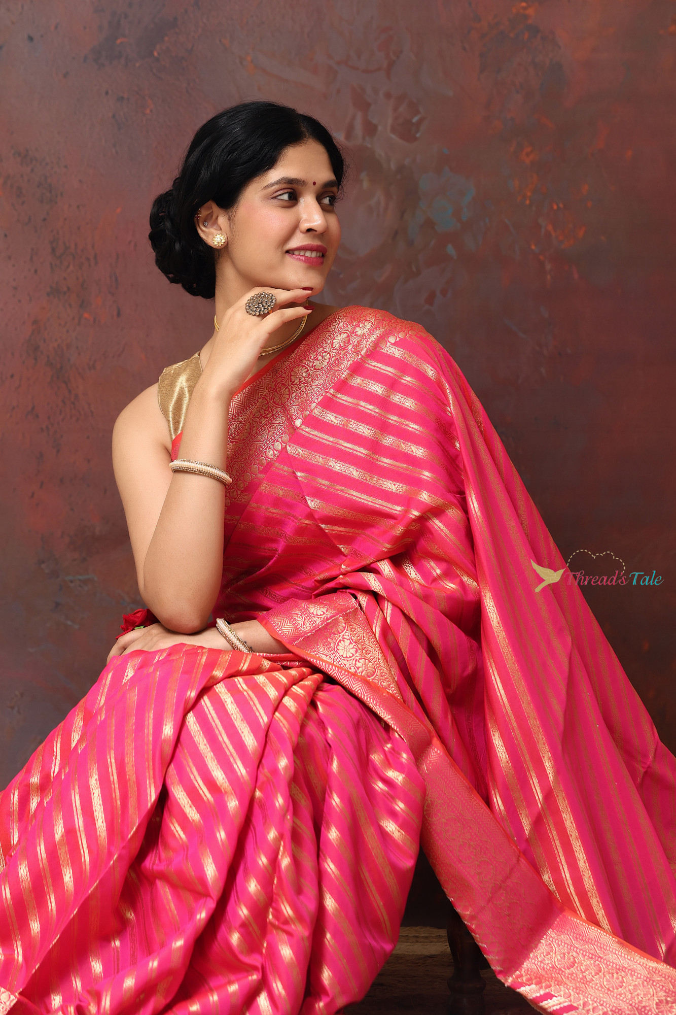Fresh Pink Saree With Woven Golden Stripes