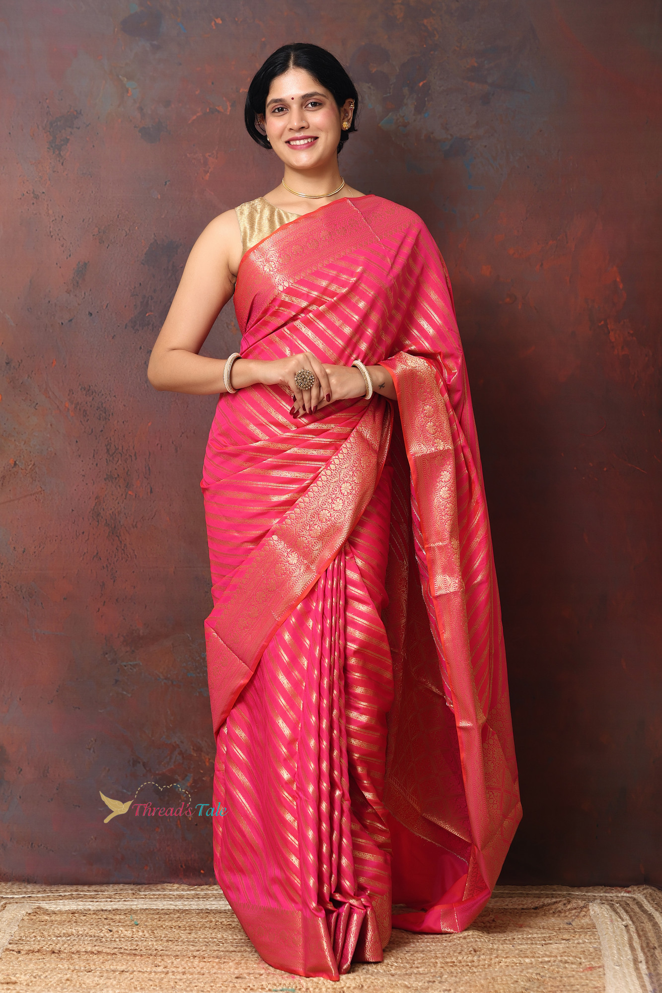 Fresh Pink Saree With Woven Golden Stripes