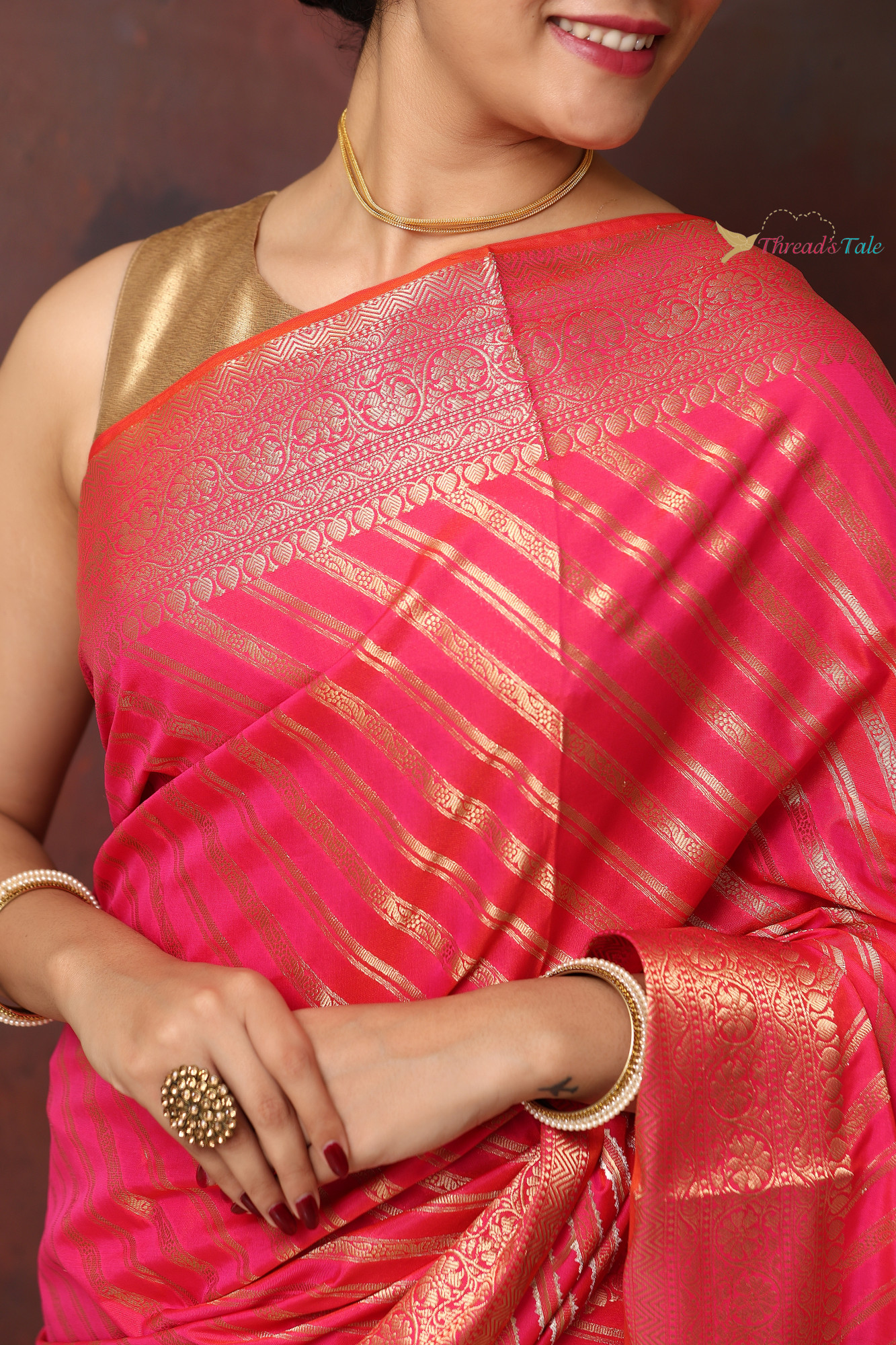Fresh Pink Saree With Woven Golden Stripes