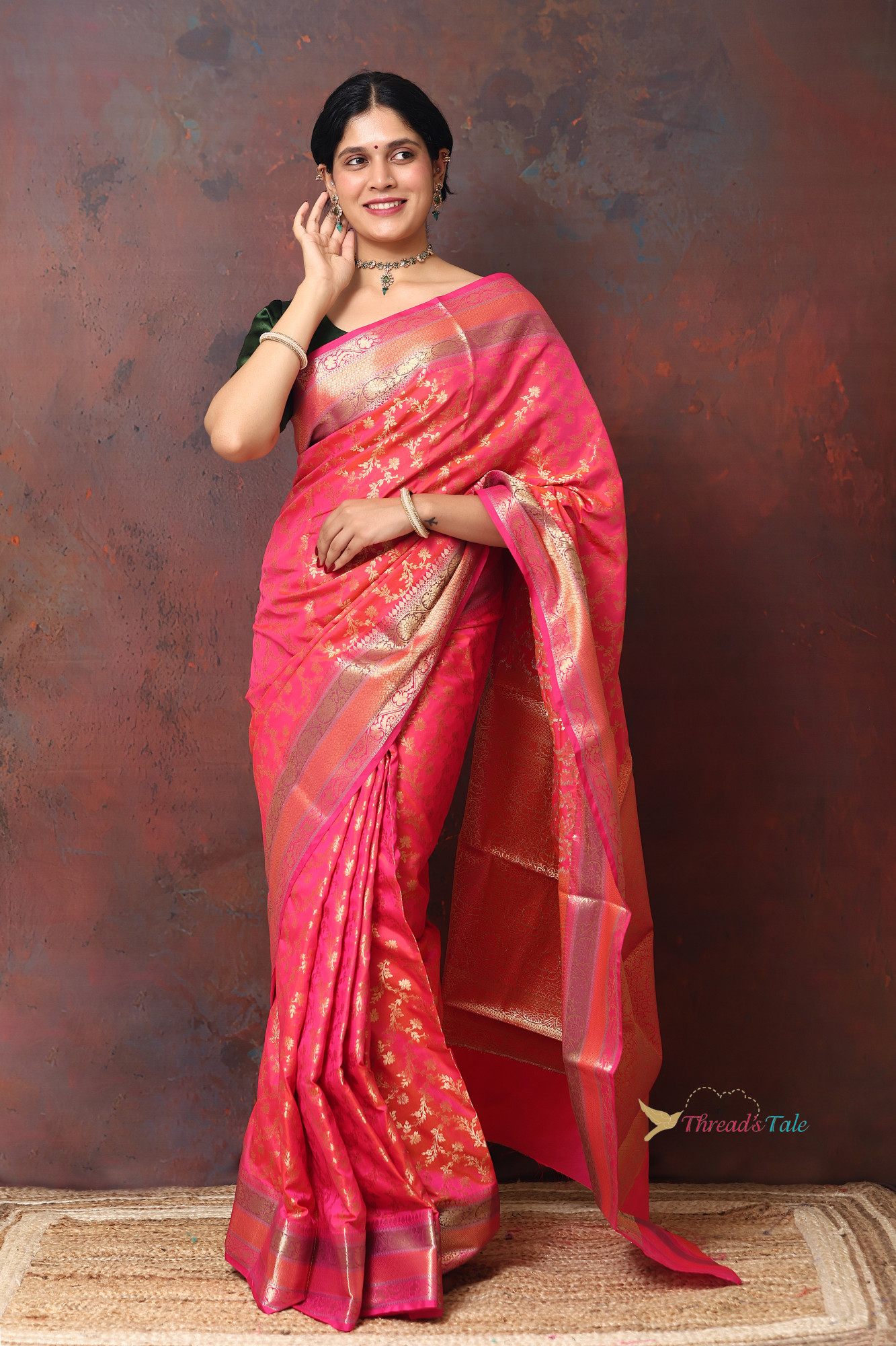 Festive Pink zari Brocaded Saree With Three Colored Border