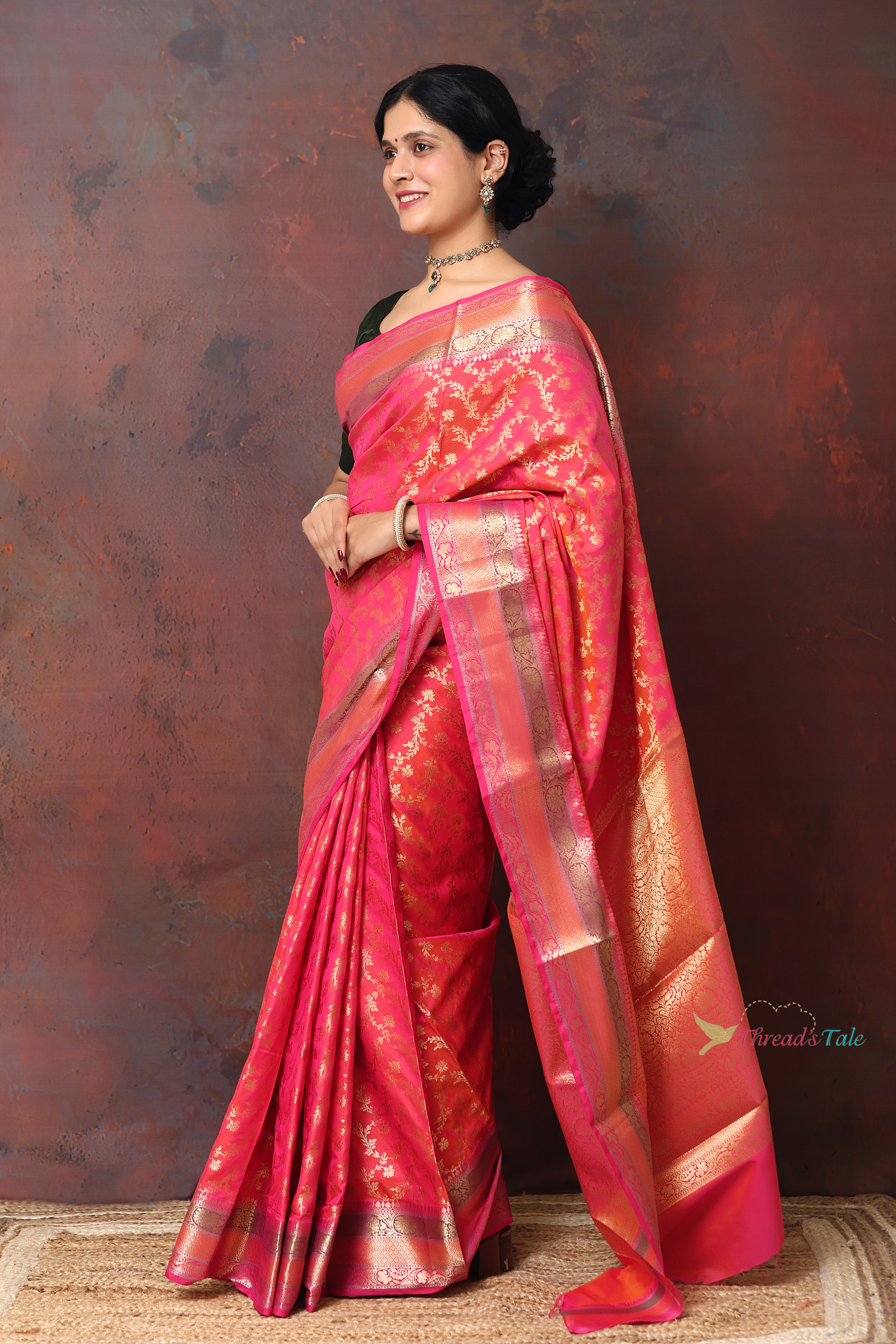 Festive Pink zari Brocaded Saree With Three Colored Border