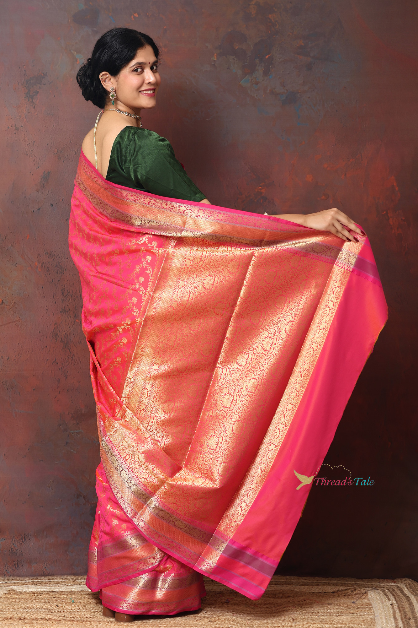 Festive Pink zari Brocaded Saree With Three Colored Border