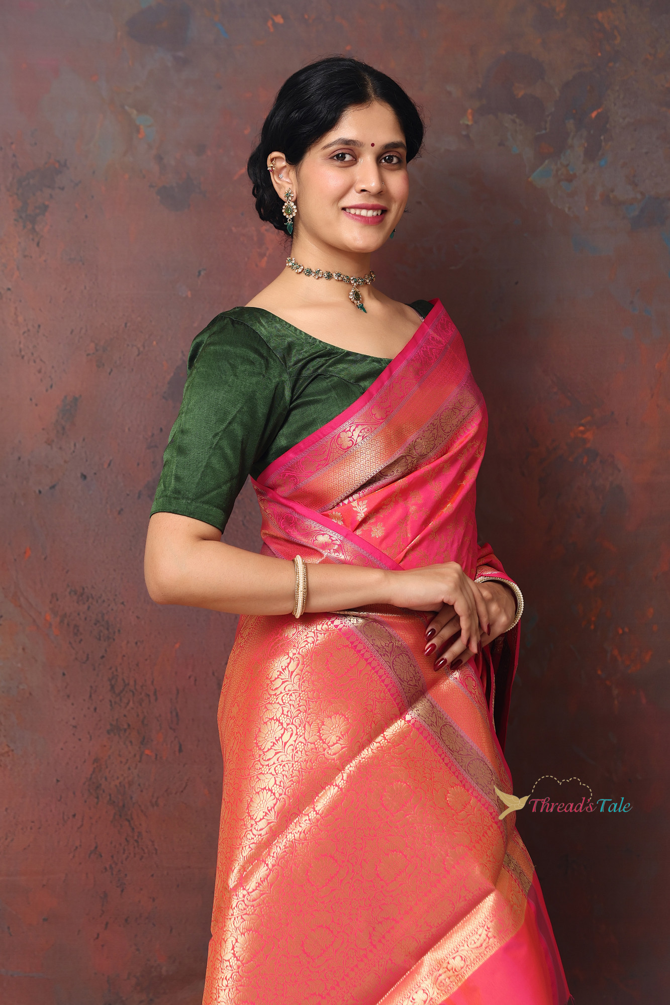 Festive Pink zari Brocaded Saree With Three Colored Border