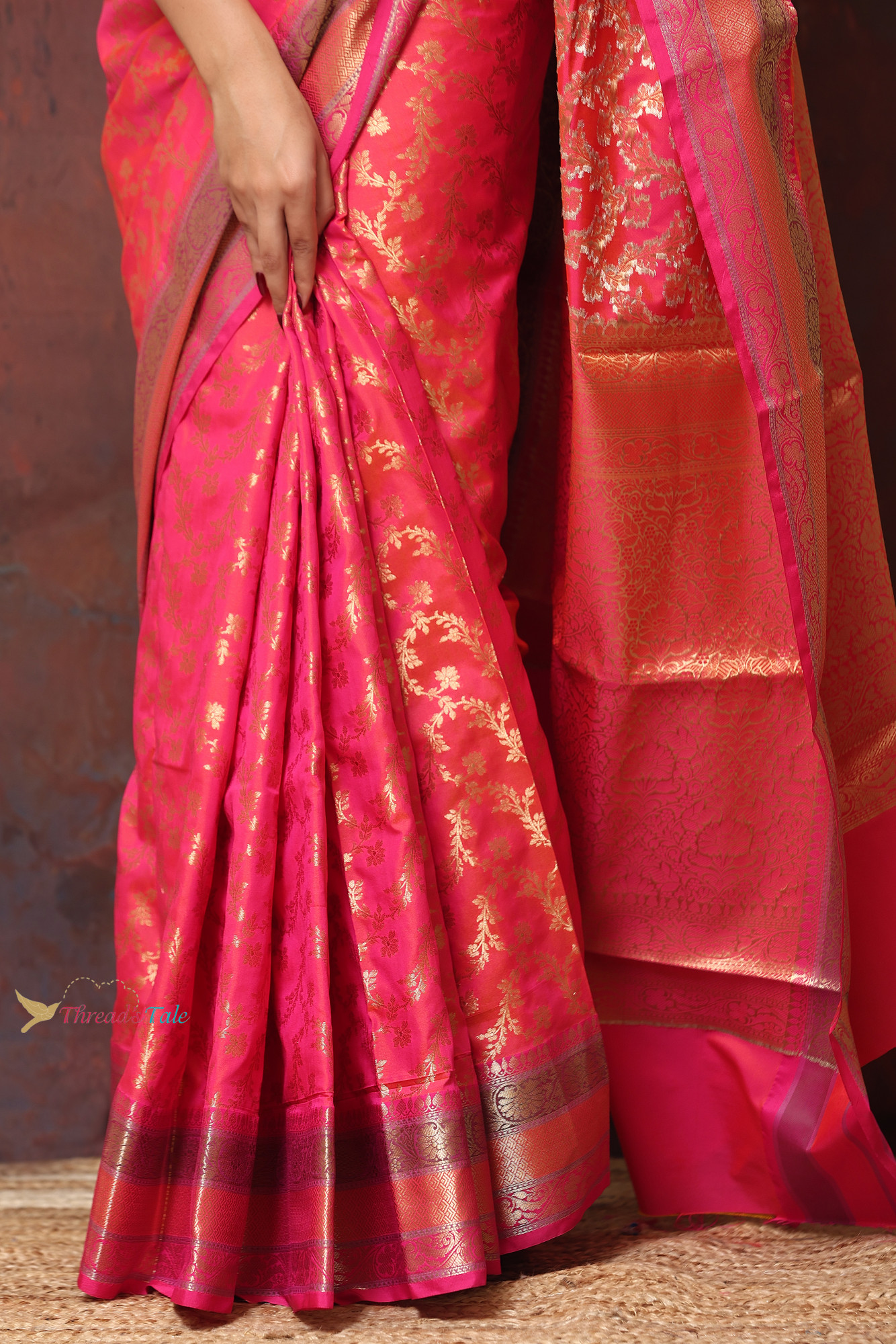 Festive Pink zari Brocaded Saree With Three Colored Border