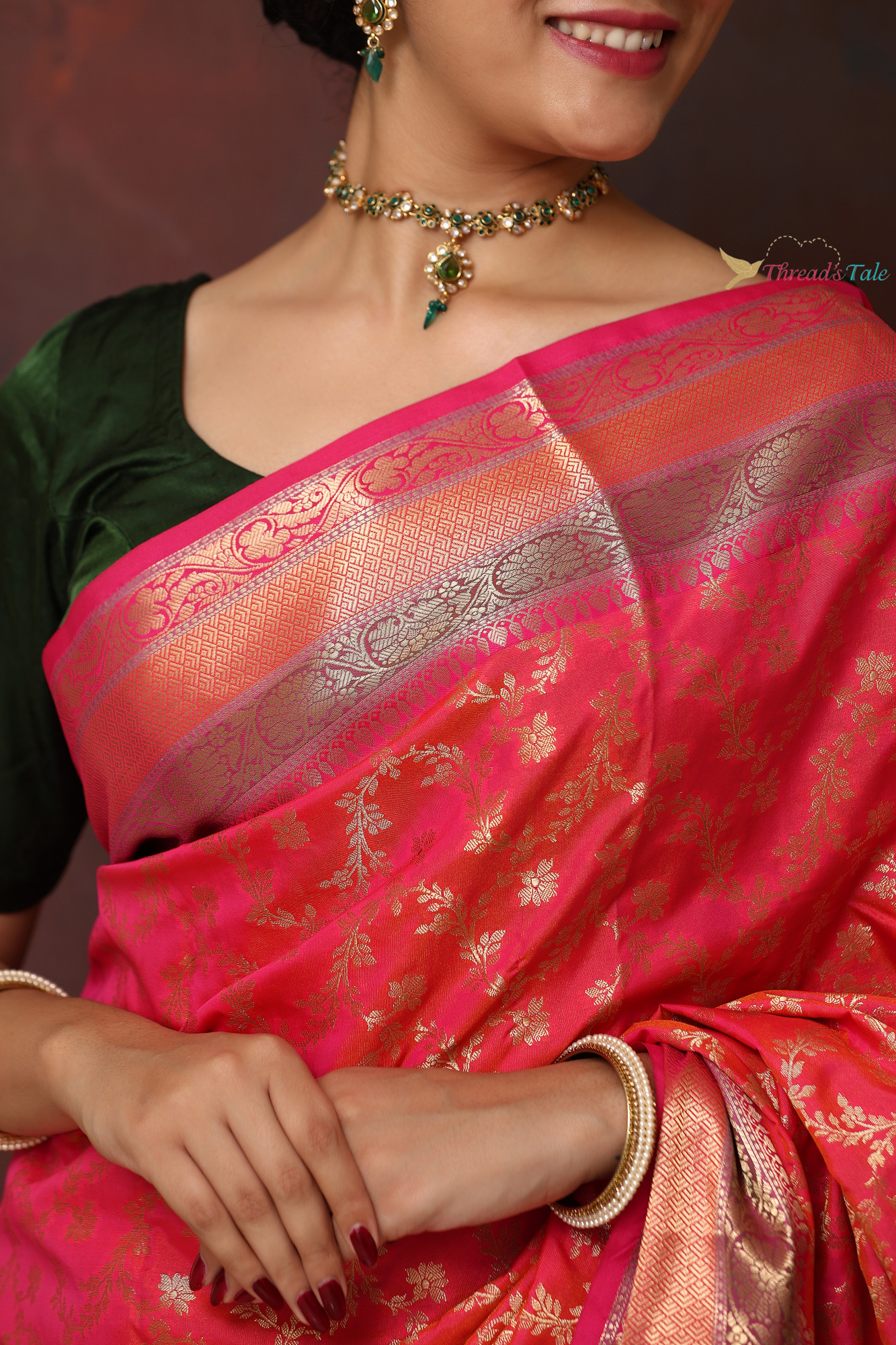 Festive Pink zari Brocaded Saree With Three Colored Border