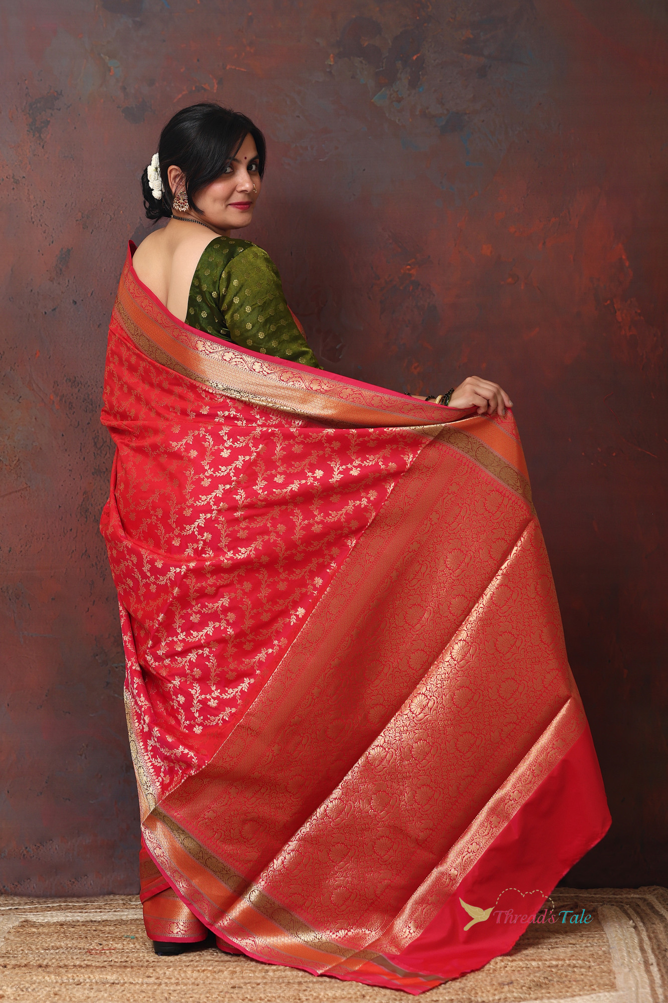Red Zari Brocaded Saree With Three Red Colored Border