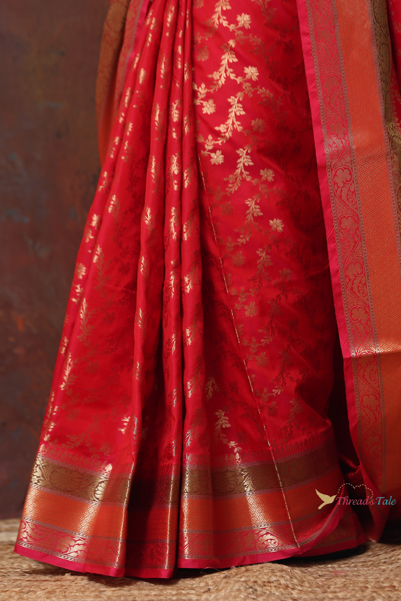 Red Zari Brocaded Saree With Three Red Colored Border