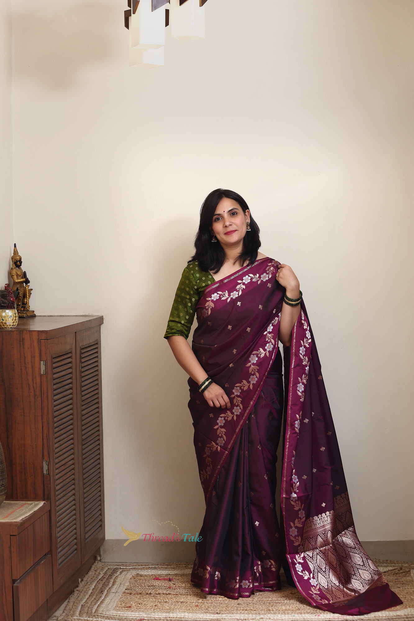 Rustic violet Saree With Muted Zari Motifs And Border