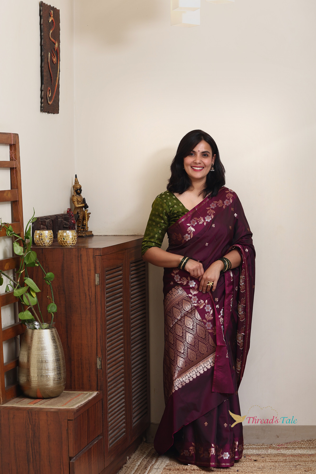 Rustic violet Saree With Muted Zari Motifs And Border
