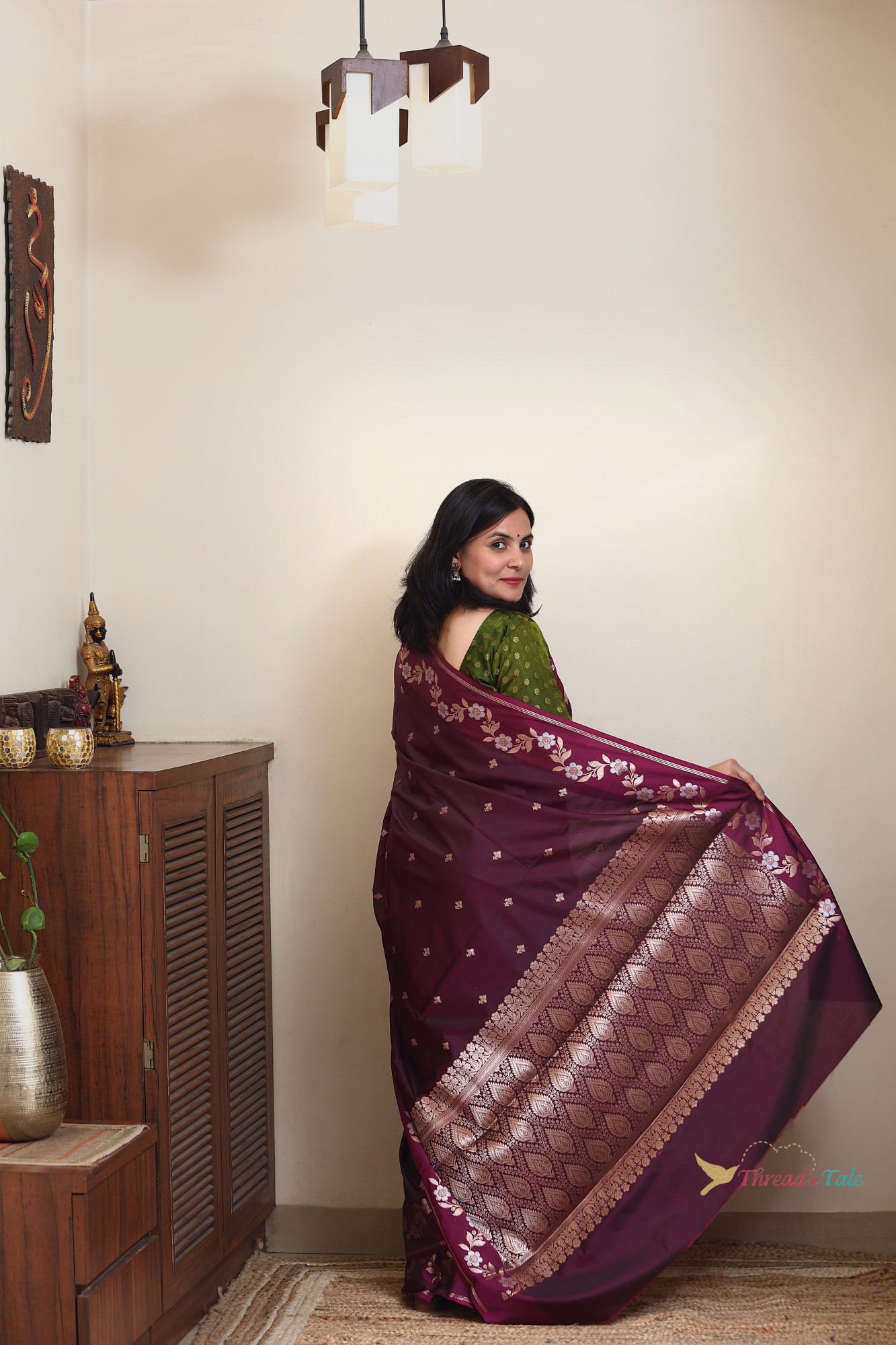 Rustic violet Saree With Muted Zari Motifs And Border