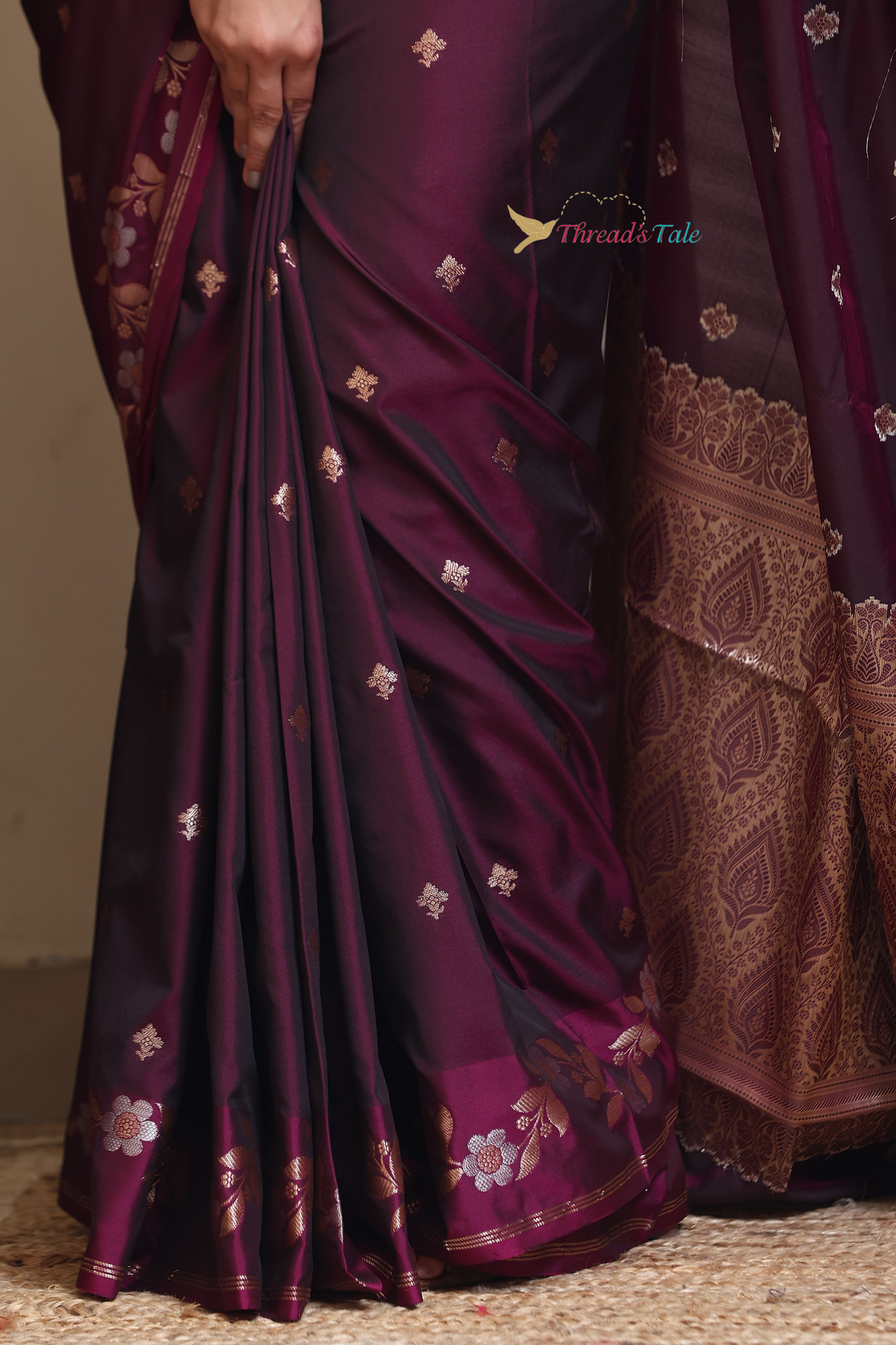 Rustic violet Saree With Muted Zari Motifs And Border