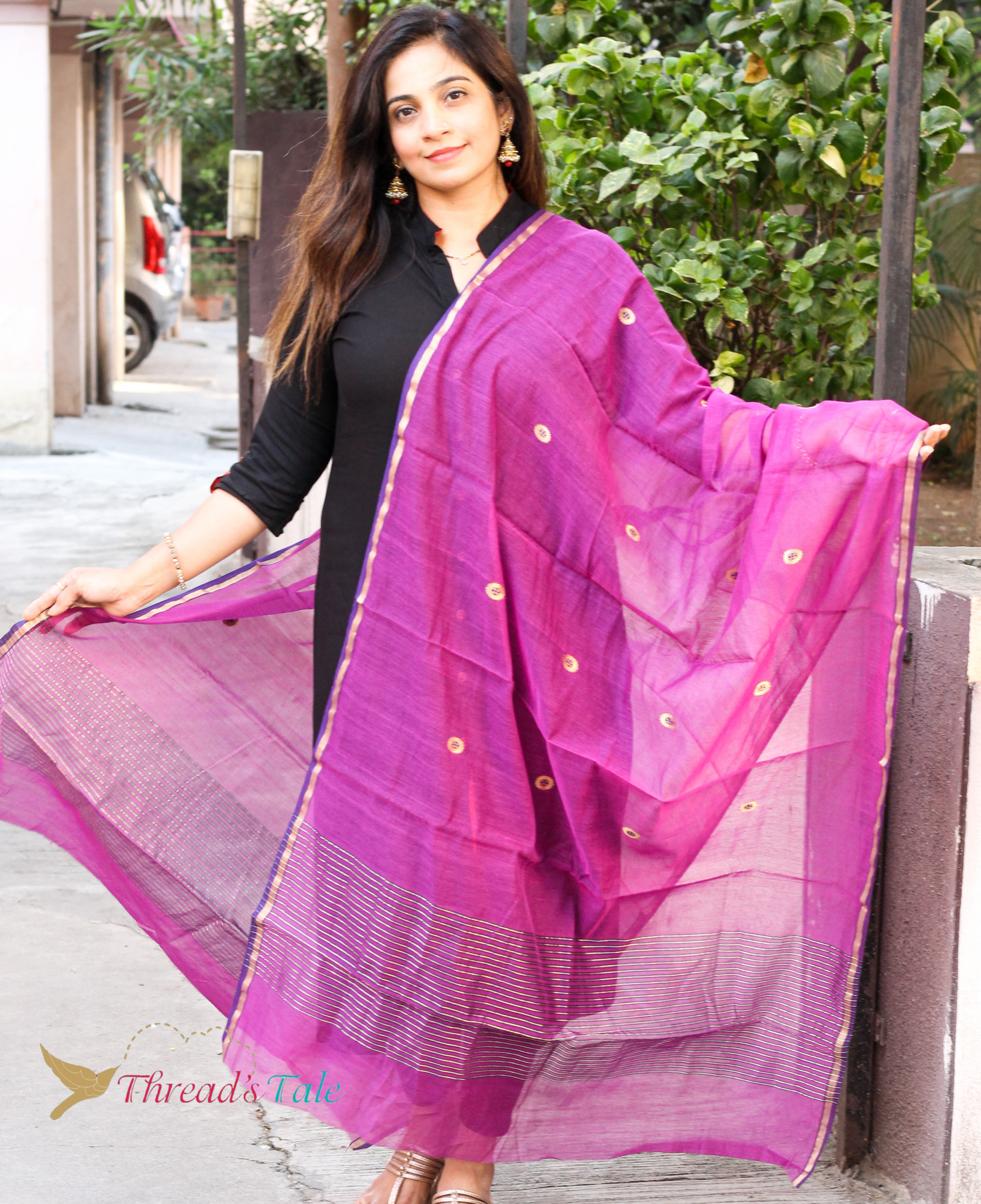 Violet Handwoven Chanderi Silk Dupatta with golden Buties