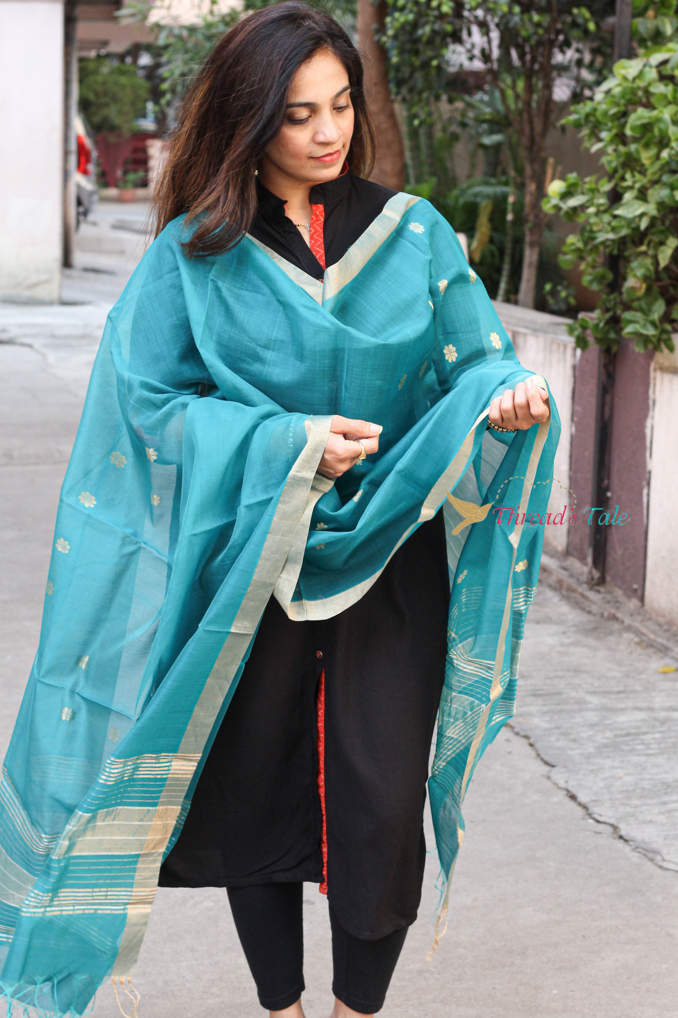 Teal Blue Handwoven Chanderi Dupatta With Zari golden Buties and Strips