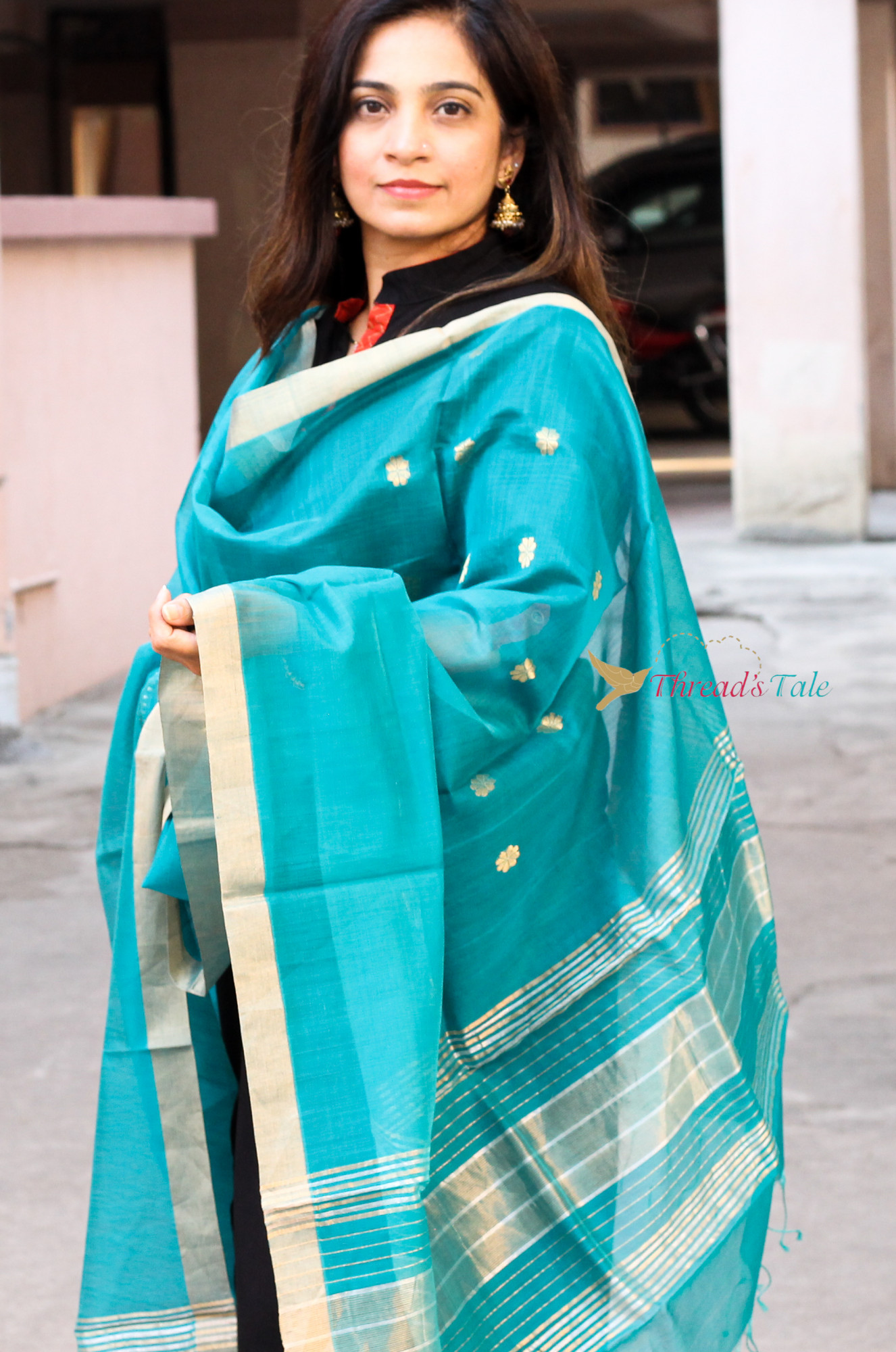 Teal Blue Handwoven Chanderi Dupatta With Zari golden Buties and Strips