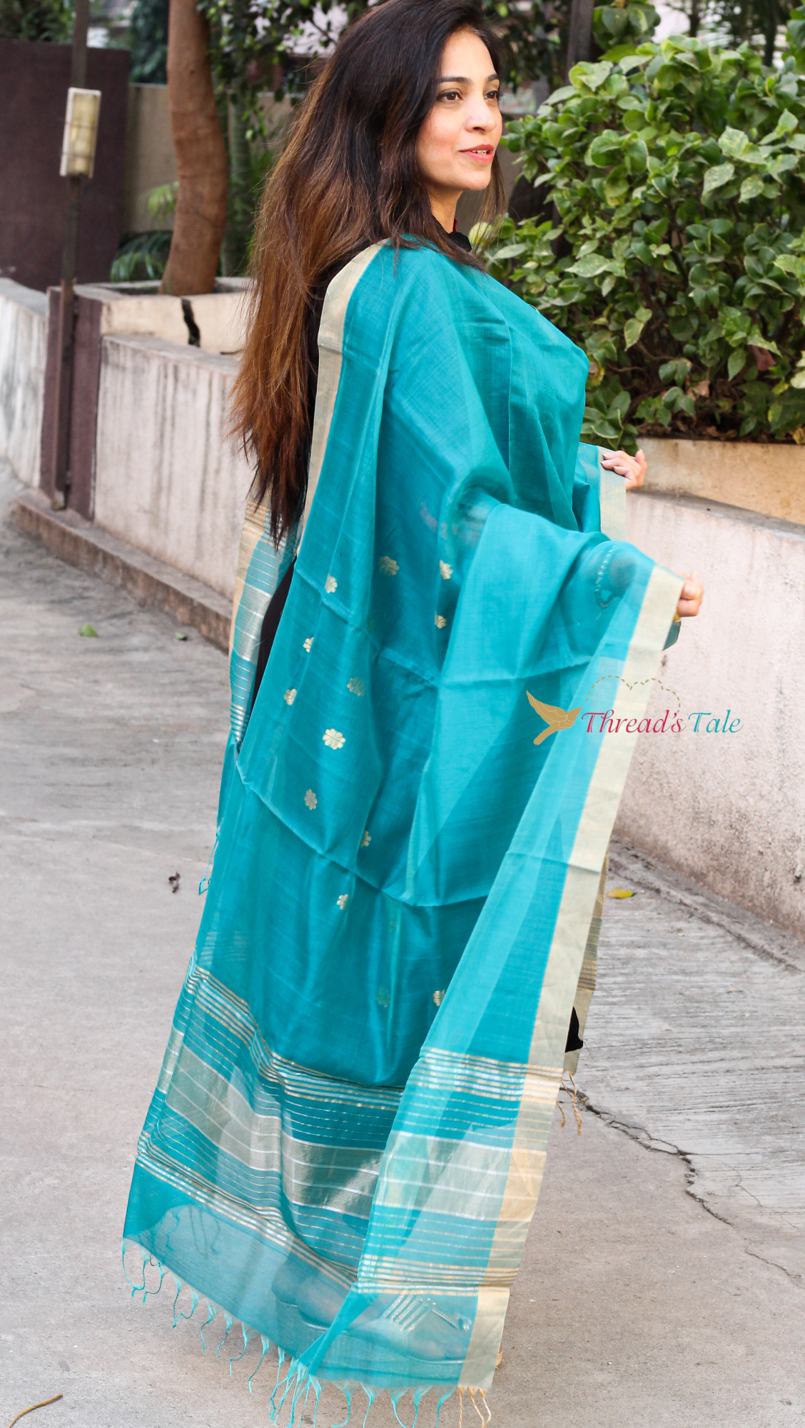 Teal Blue Handwoven Chanderi Dupatta With Zari golden Buties and Strips