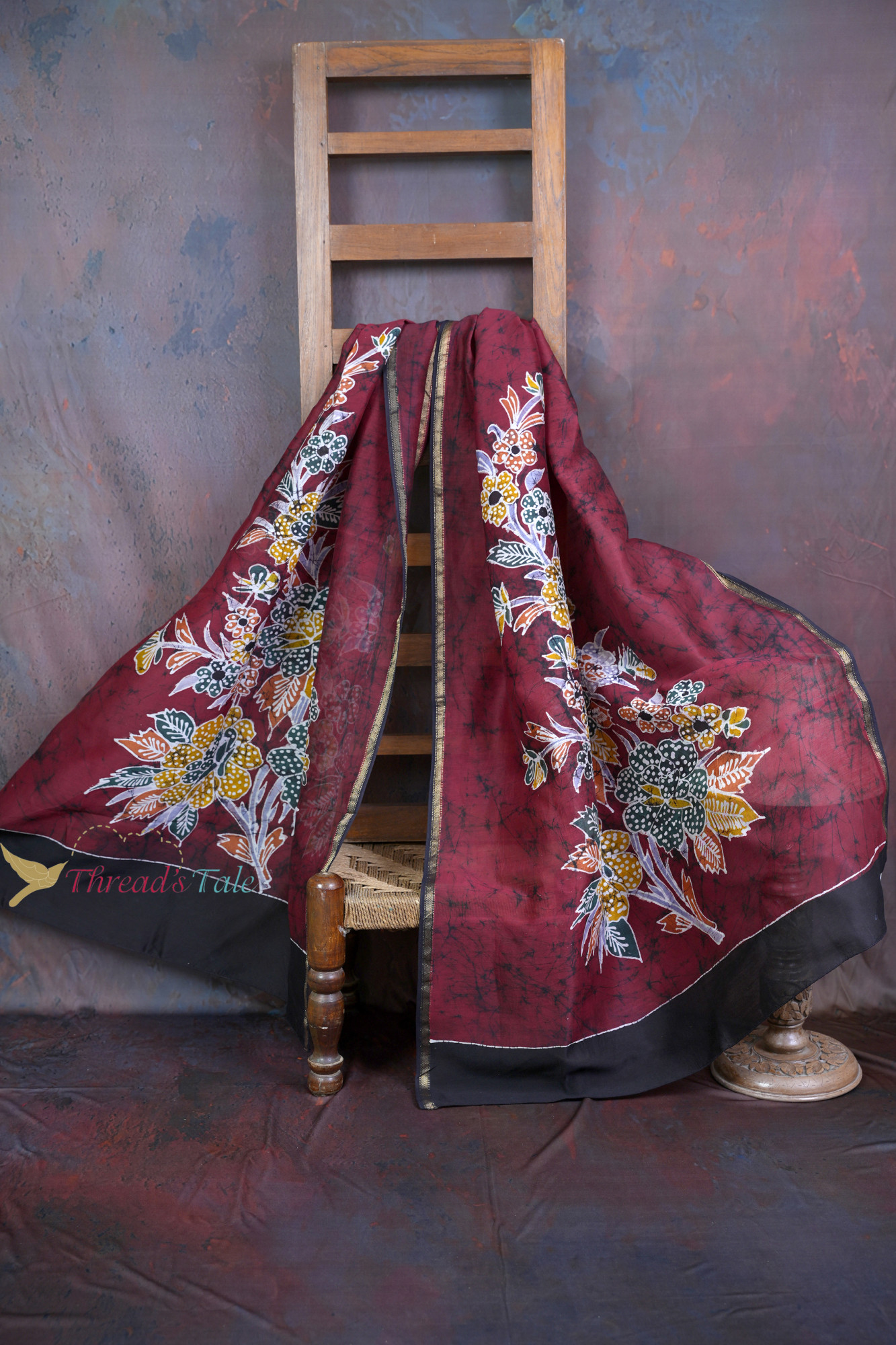 Handcrafted Maroon Batik Dupatta With Floral Design