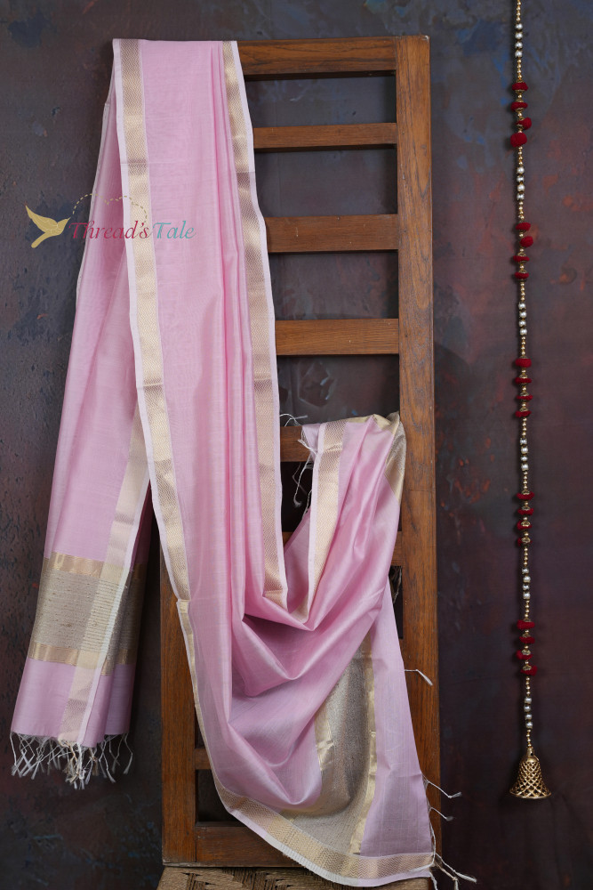 Image of Handwoven Soft Pink Dupatta With Jute Border