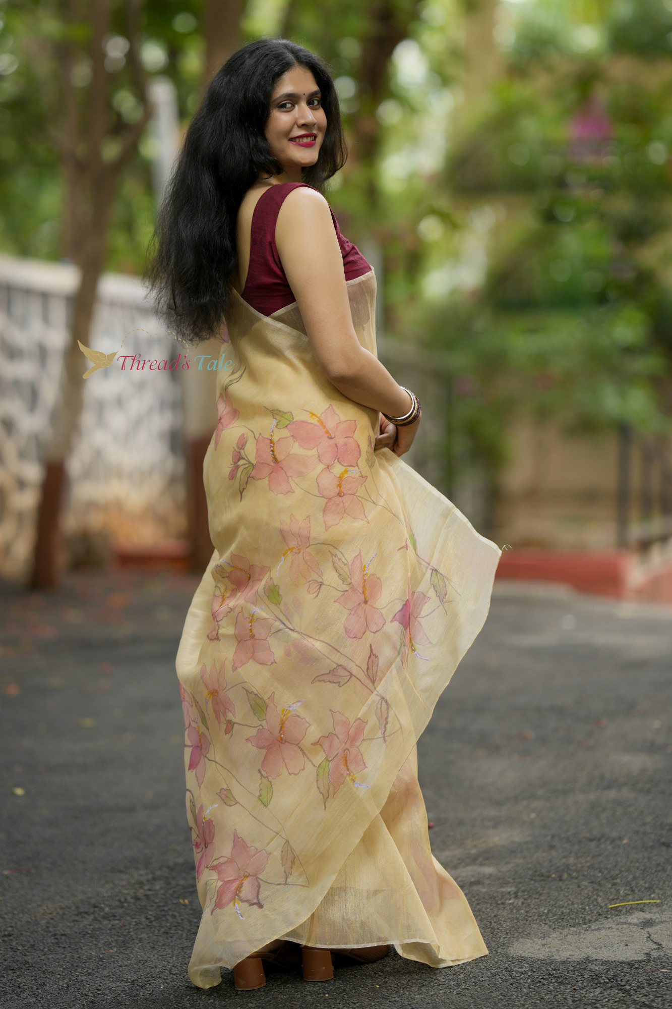 Tusser Organza Hand painted Saree