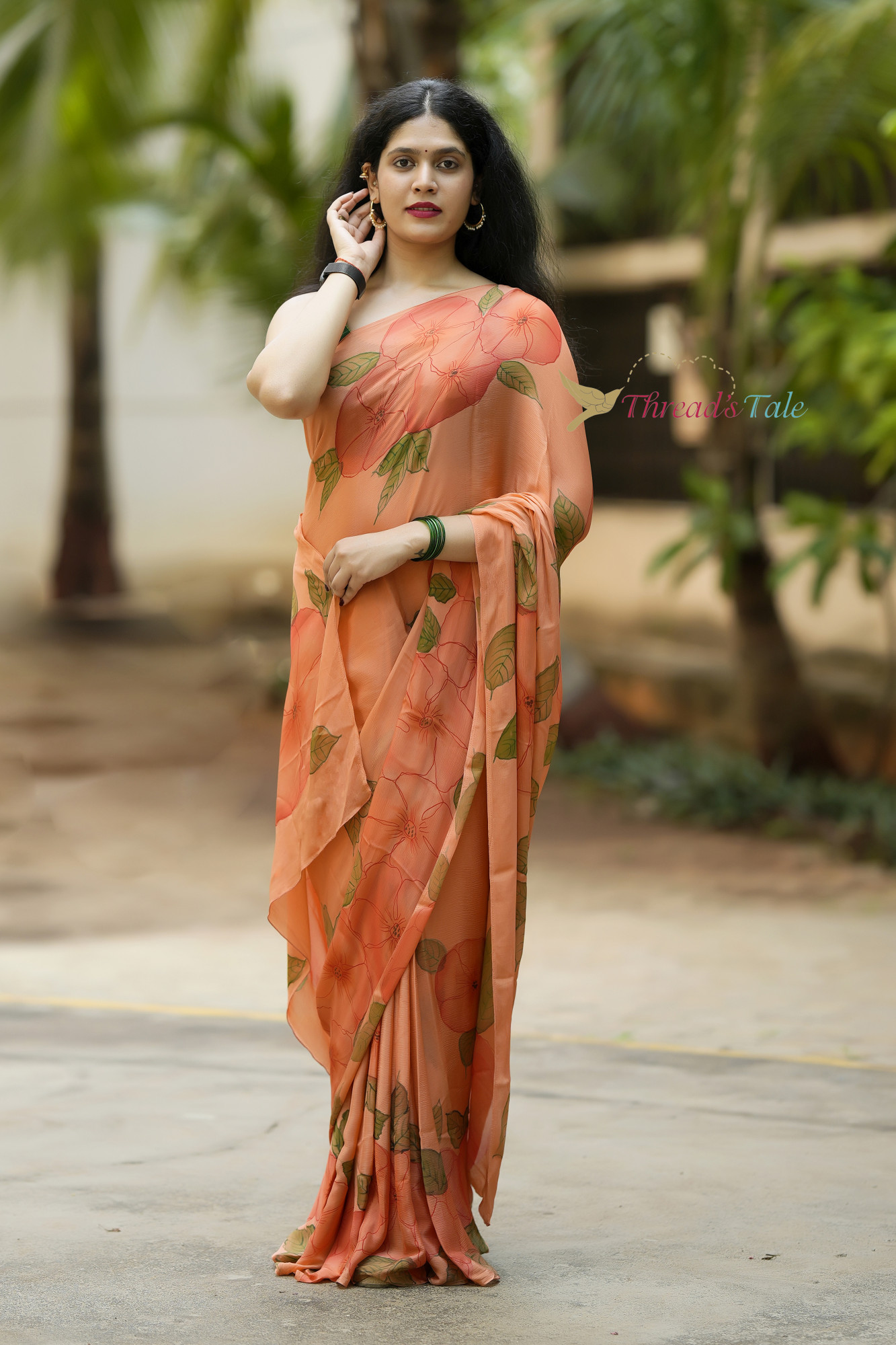 Almond Hand painted Chinon Silk Saree