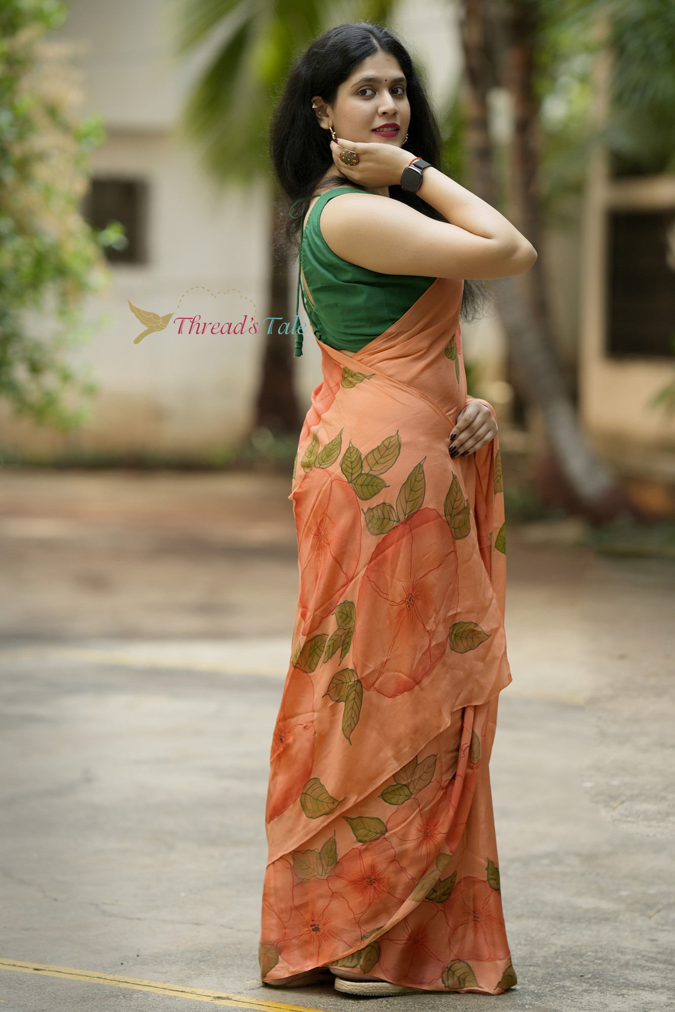 Almond Hand painted Chinon Silk Saree