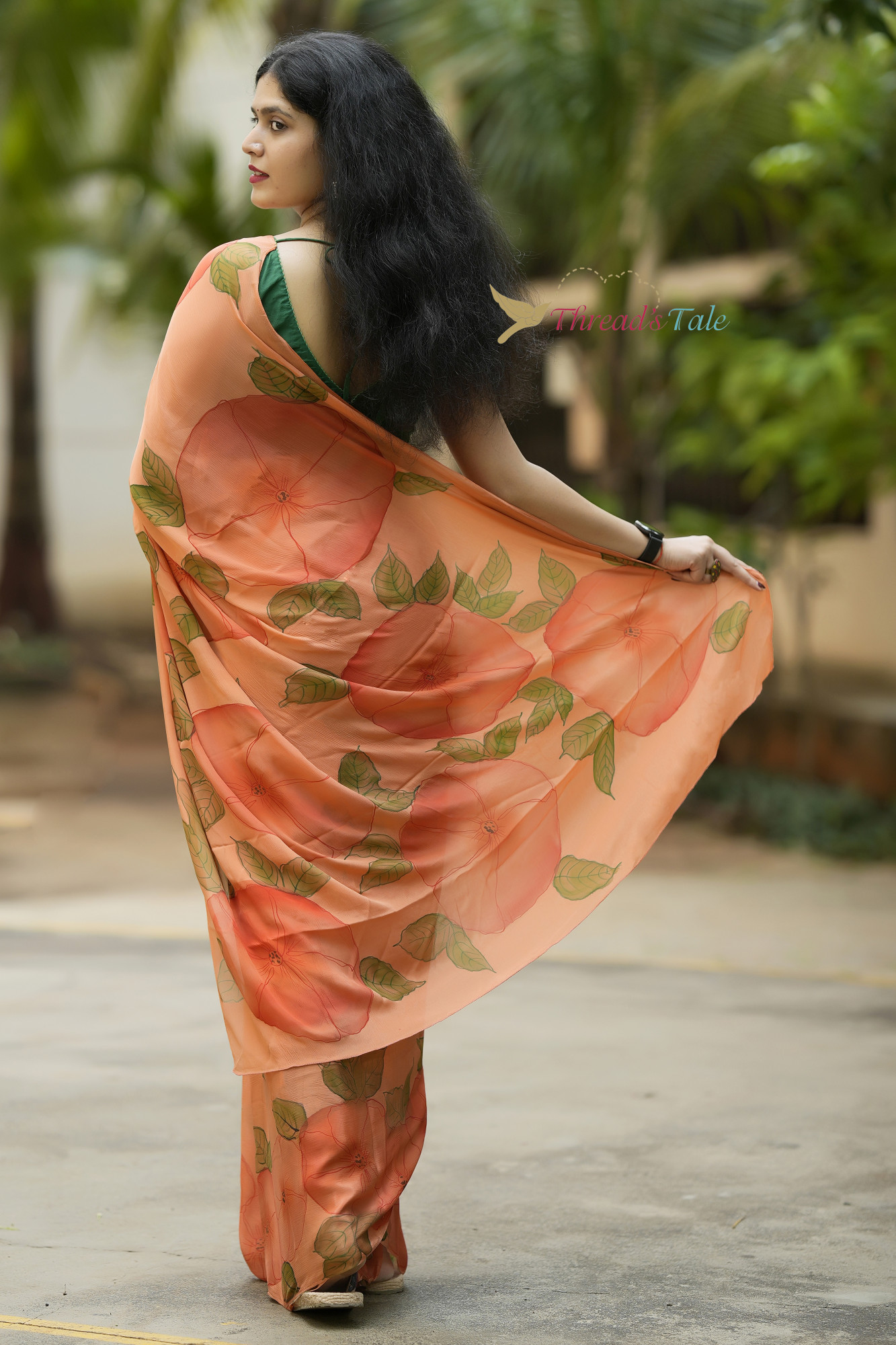 Almond Hand painted Chinon Silk Saree