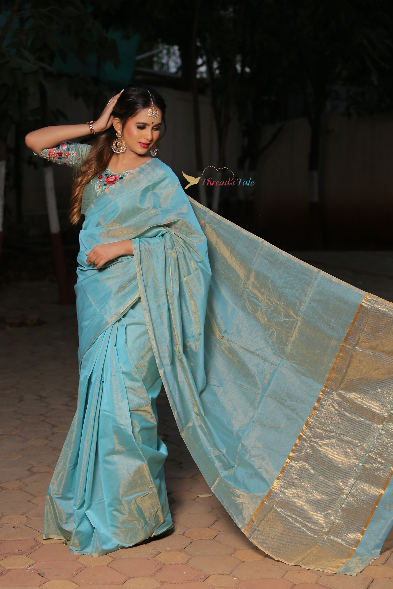 Golden Blue Handwoven Chanderi Tissue Saree