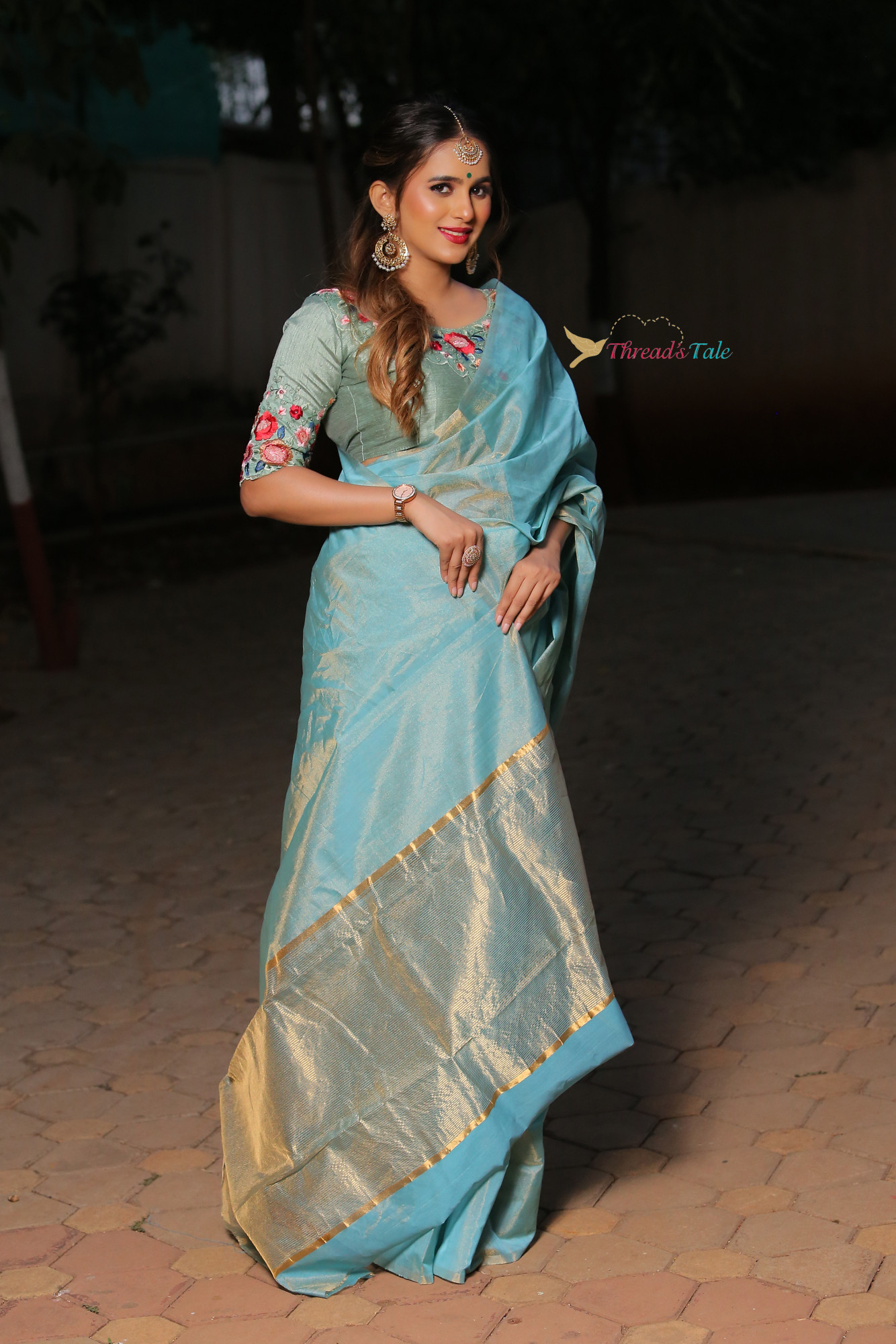 Golden Blue Handwoven Chanderi Tissue Saree