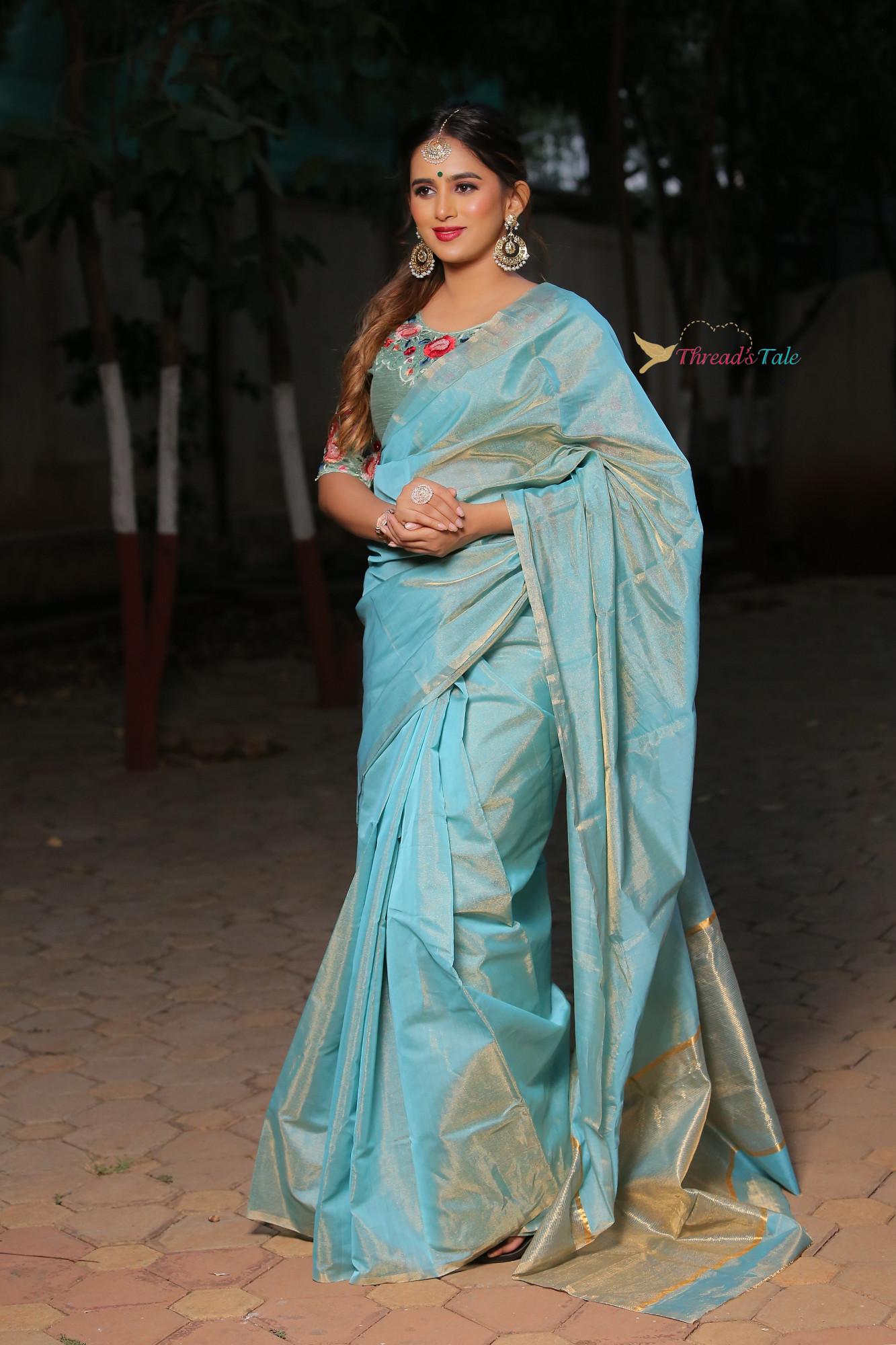 Golden Blue Handwoven Chanderi Tissue Saree